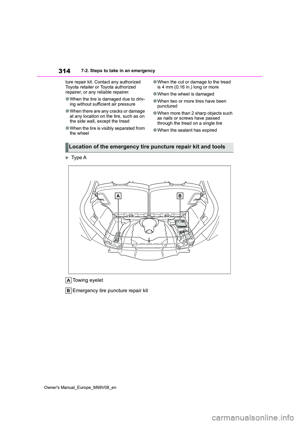 TOYOTA AYGO X 2022 Owners Manual (in English) 314
Owner's Manual_Europe_M99V08_en
7-2. Steps to take in an emergency
ture repair kit. Contact any authorized
Toyota retailer or Toyota authorized repairer, or any reliable repairer.
●When TOYOTA AYGO X 2022 Owners Manual (in English) 314
Owner's Manual_Europe_M99V08_en
7-2. Steps to take in an emergency
ture repair kit. Contact any authorized
Toyota retailer or Toyota authorized repairer, or any reliable repairer.
●When