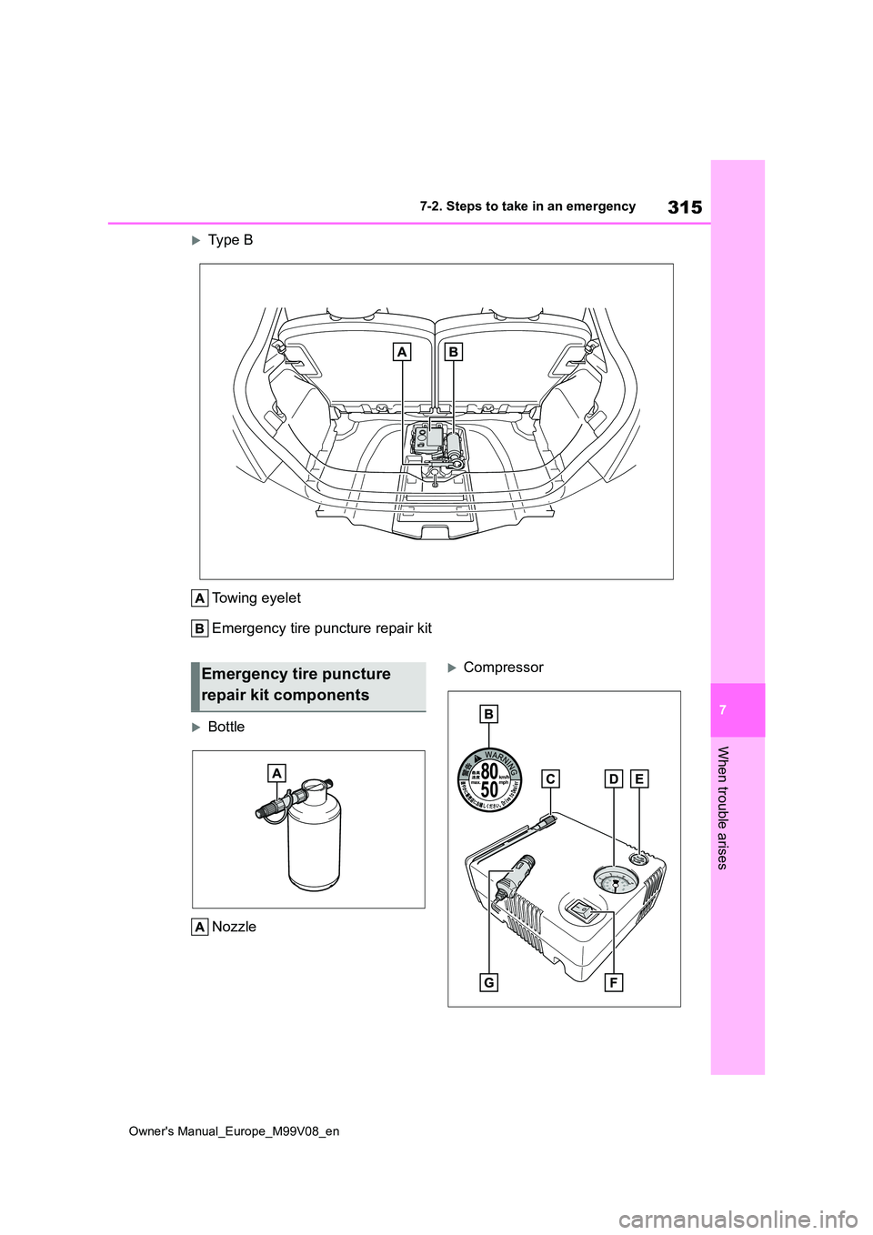TOYOTA AYGO X 2022 Owners Manual (in English) 315
7
Owner's Manual_Europe_M99V08_en
7-2. Steps to take in an emergency
When trouble arises
Type B
Towing eyelet
Emergency tire puncture repair kit
Bottle
Nozzle
CompressorEmergency t TOYOTA AYGO X 2022 Owners Manual (in English) 315
7
Owner's Manual_Europe_M99V08_en
7-2. Steps to take in an emergency
When trouble arises
Type B
Towing eyelet
Emergency tire puncture repair kit
Bottle
Nozzle
CompressorEmergency t