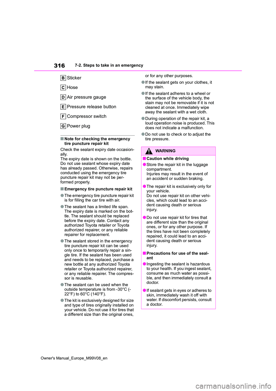 TOYOTA AYGO X 2022 Owners Manual (in English) 316
Owner's Manual_Europe_M99V08_en
7-2. Steps to take in an emergency
Sticker
Hose
Air pressure gauge
Pressure release button
Compressor switch
Power plug
■Note for checking the emergency TOYOTA AYGO X 2022 Owners Manual (in English) 316
Owner's Manual_Europe_M99V08_en
7-2. Steps to take in an emergency
Sticker
Hose
Air pressure gauge
Pressure release button
Compressor switch
Power plug
■Note for checking the emergency