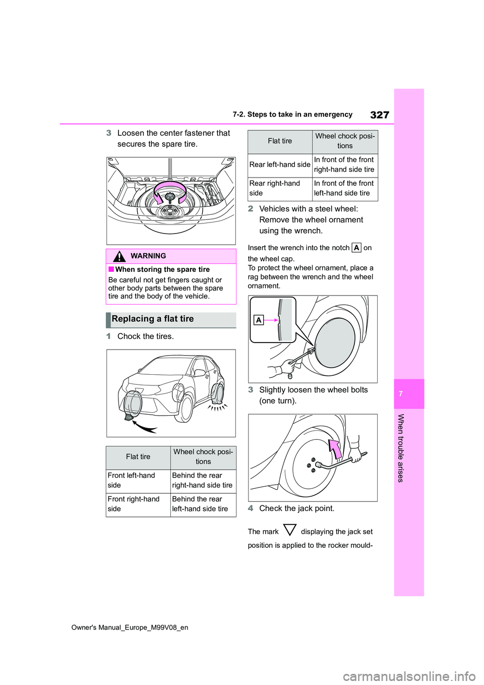 TOYOTA AYGO X 2022  Owners Manual (in English) 327
7
Owner's Manual_Europe_M99V08_en
7-2. Steps to take in an emergency
When trouble arises
3Loosen the center fastener that  
secures the spare tire. 
1 Chock the tires. 
2 Vehicles with a steel