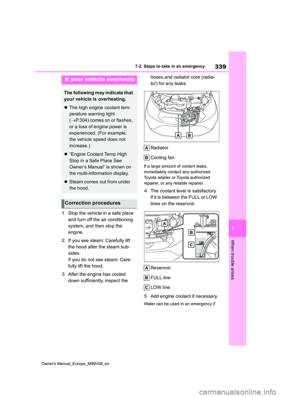 TOYOTA AYGO X 2022  Owners Manual (in English) 339
7
Owner's Manual_Europe_M99V08_en
7-2. Steps to take in an emergency
When trouble arises
1Stop the vehicle in a safe place  
and turn off the air conditioning  
system, and then stop the  
eng