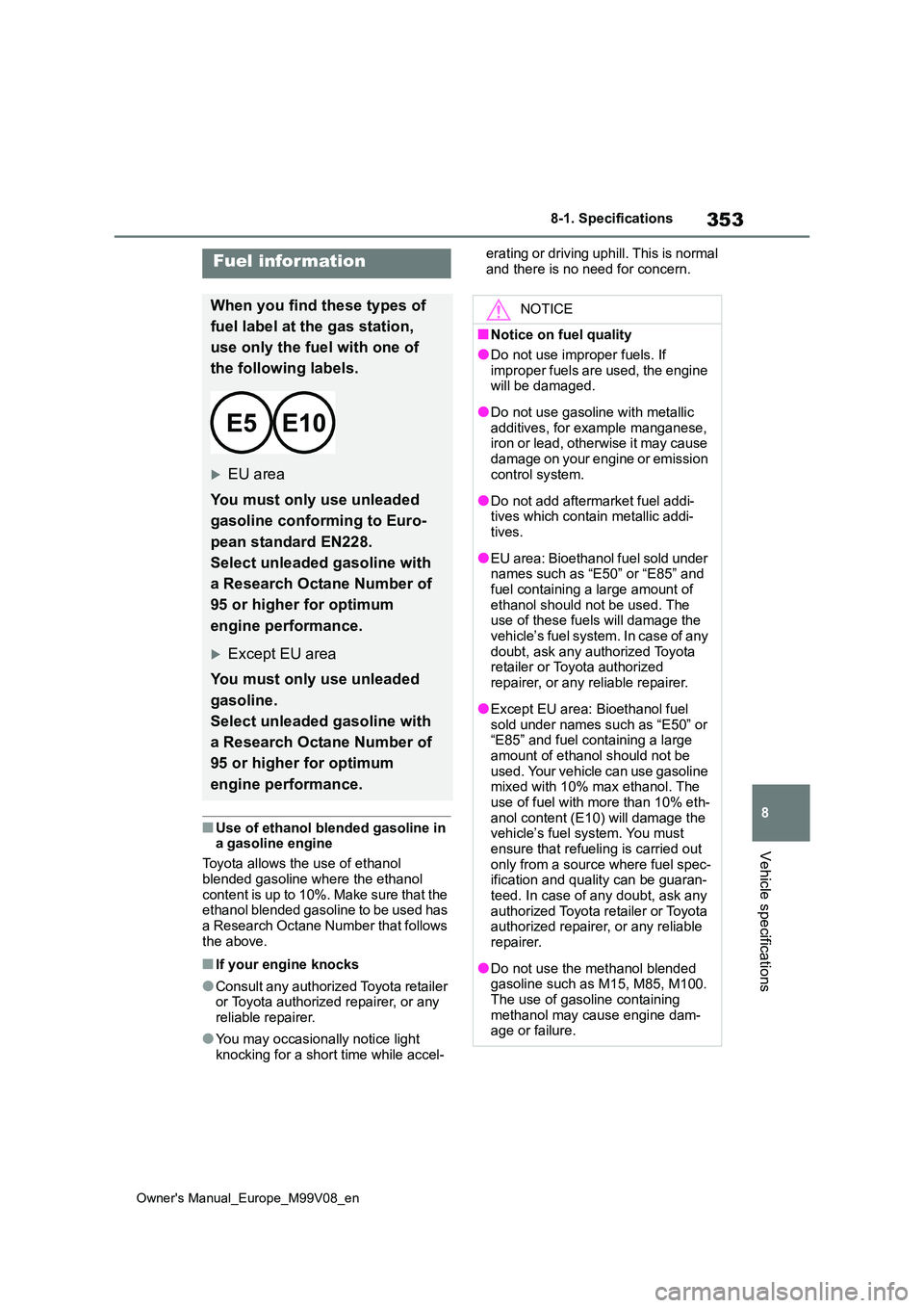 TOYOTA AYGO X 2022 Owners Manual (in English) 353
8
Owner's Manual_Europe_M99V08_en
8-1. Specifications
Vehicle specifications
■Use of ethanol blended gasoline in a gasoline engine
Toyota allows the use of ethanol
blended gasoline where TOYOTA AYGO X 2022 Owners Manual (in English) 353
8
Owner's Manual_Europe_M99V08_en
8-1. Specifications
Vehicle specifications
■Use of ethanol blended gasoline in a gasoline engine
Toyota allows the use of ethanol
blended gasoline where