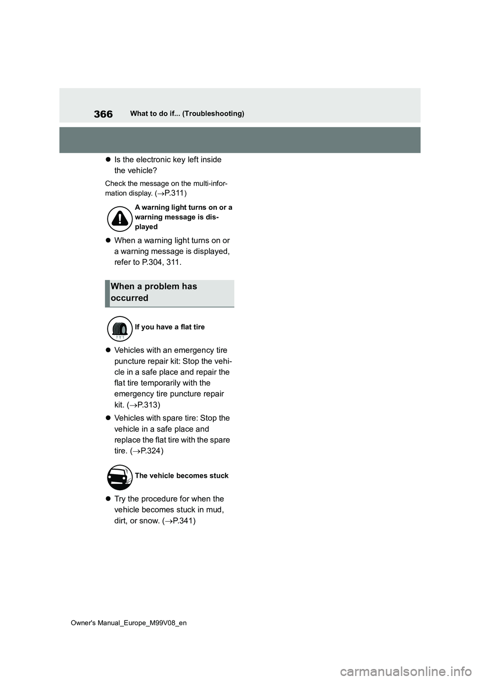 TOYOTA AYGO X 2022 Owners Manual (in English) 366
Owner's Manual_Europe_M99V08_en
What to do if... (Troubleshooting)
Is the electronic key left inside
the vehicle?
Check the message on the multi-infor-
mation display. ( P. 3 1 1)
TOYOTA AYGO X 2022 Owners Manual (in English) 366
Owner's Manual_Europe_M99V08_en
What to do if... (Troubleshooting)
Is the electronic key left inside
the vehicle?
Check the message on the multi-infor-
mation display. ( P. 3 1 1)
