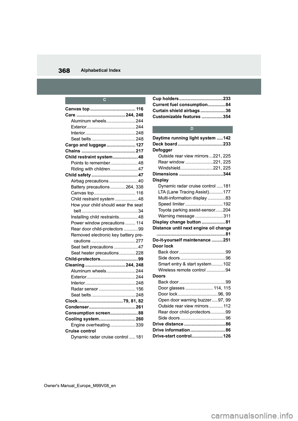 TOYOTA AYGO X 2022 (in English) Service Manual 368
Owner's Manual_Europe_M99V08_en
Alphabetical Index
C
Canvas top .................................... 116
Care ....................................... 244, 248
Aluminum wheels ................ TOYOTA AYGO X 2022 (in English) Service Manual 368
Owner's Manual_Europe_M99V08_en
Alphabetical Index
C
Canvas top .................................... 116
Care ....................................... 244, 248
Aluminum wheels ................