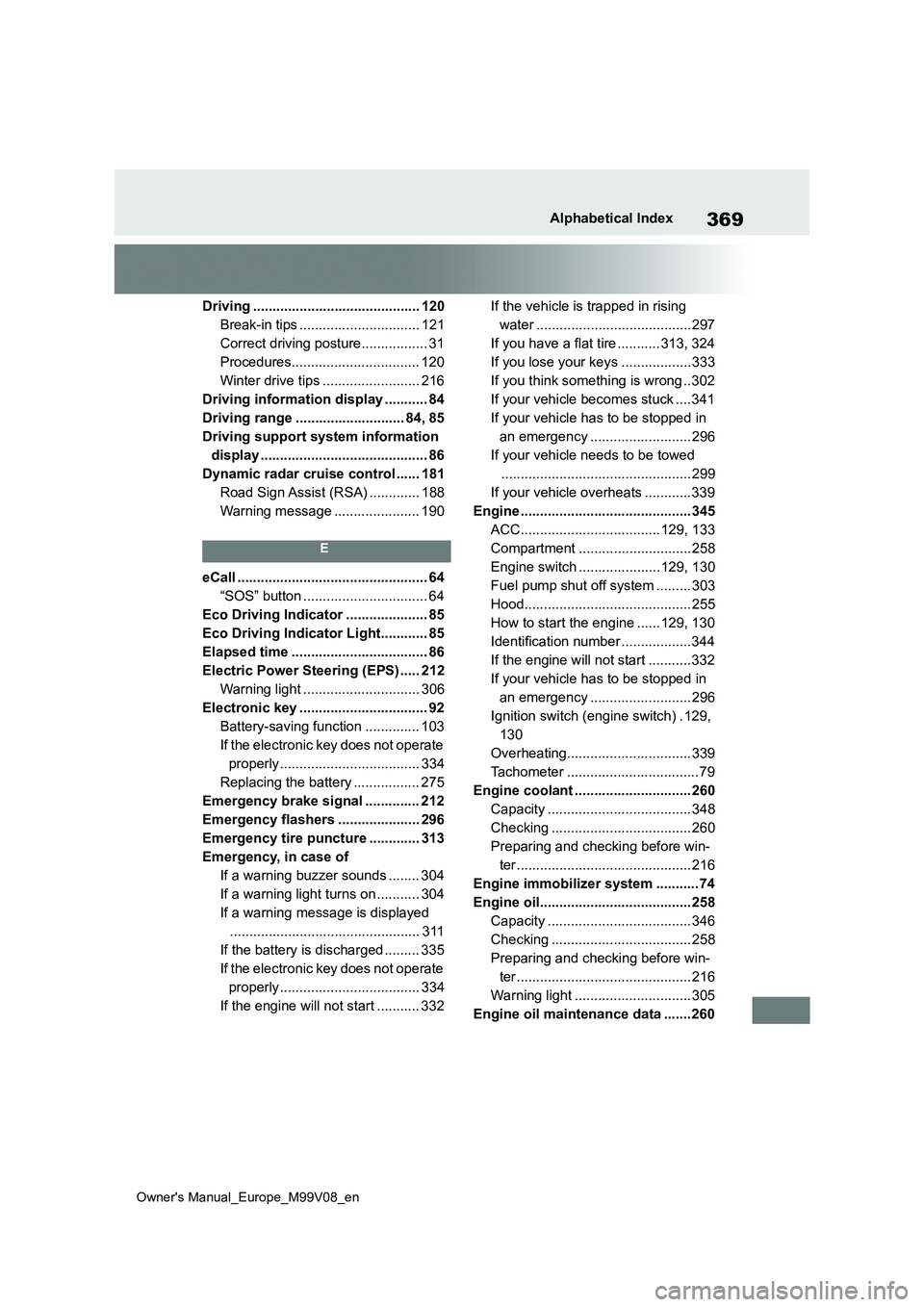 TOYOTA AYGO X 2022 (in English) Service Manual 369
Owner's Manual_Europe_M99V08_en
Alphabetical Index
Driving ........................................... 120
Break-in tips ............................... 121
Correct driving posture........... TOYOTA AYGO X 2022 (in English) Service Manual 369
Owner's Manual_Europe_M99V08_en
Alphabetical Index
Driving ........................................... 120
Break-in tips ............................... 121
Correct driving posture...........