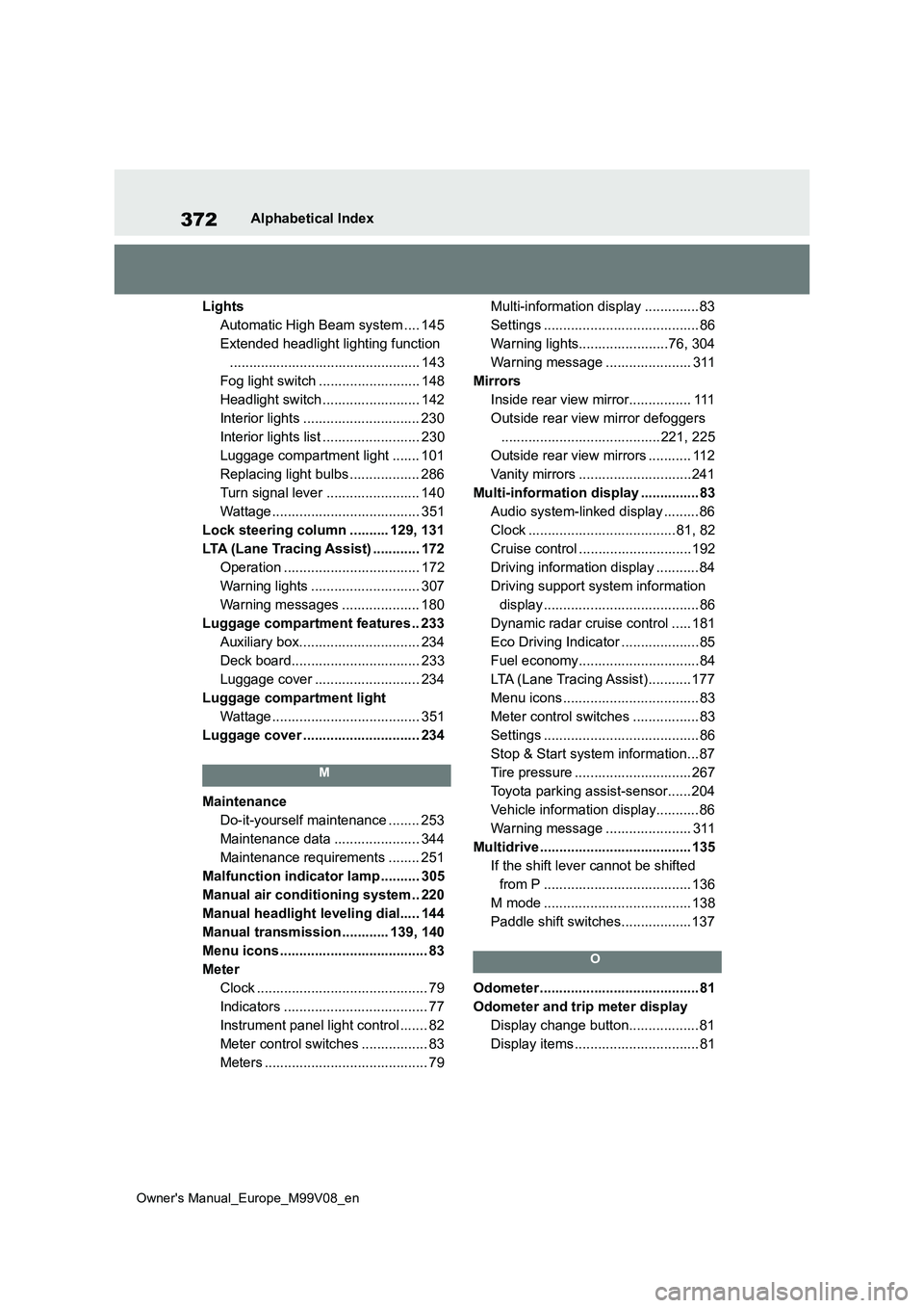 TOYOTA AYGO X 2022  Owners Manual (in English) 372
Owner's Manual_Europe_M99V08_en
Alphabetical Index 
Lights 
Automatic High Beam system .... 145
Extended headlight lighting function
................................................. 143
Fog l