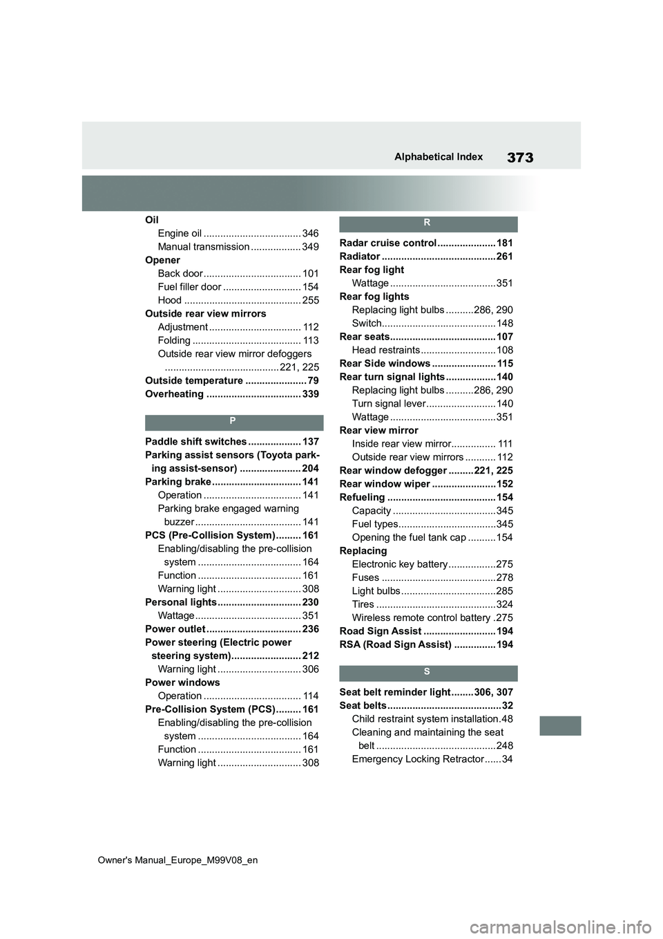 TOYOTA AYGO X 2022 (in English) Service Manual 373
Owner's Manual_Europe_M99V08_en
Alphabetical Index
Oil
Engine oil ................................... 346
Manual transmission .................. 349
Opener
Back door ......................... TOYOTA AYGO X 2022 (in English) Service Manual 373
Owner's Manual_Europe_M99V08_en
Alphabetical Index
Oil
Engine oil ................................... 346
Manual transmission .................. 349
Opener
Back door .........................