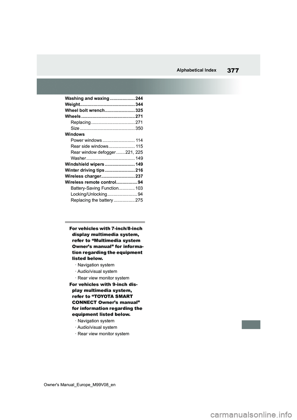 TOYOTA AYGO X 2022 Owners Manual (in English) 377
Owner's Manual_Europe_M99V08_en
Alphabetical Index
Washing and waxing .................... 244
Weight............................................ 344
Wheel bolt wrench ....................... TOYOTA AYGO X 2022 Owners Manual (in English) 377
Owner's Manual_Europe_M99V08_en
Alphabetical Index
Washing and waxing .................... 244
Weight............................................ 344
Wheel bolt wrench .......................