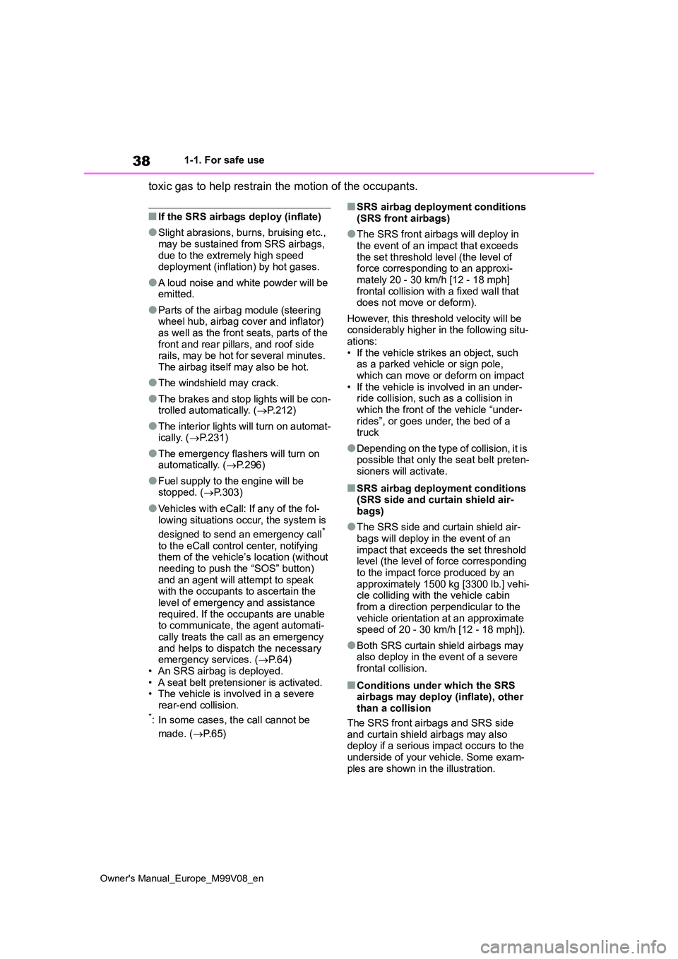 TOYOTA AYGO X 2022  Owners Manual (in English) 38
Owner's Manual_Europe_M99V08_en
1-1. For safe use
toxic gas to help restrain the motion of the occupants.
■If the SRS airbags deploy (inflate)
●Slight abrasions, burns, bruising etc.,  may 