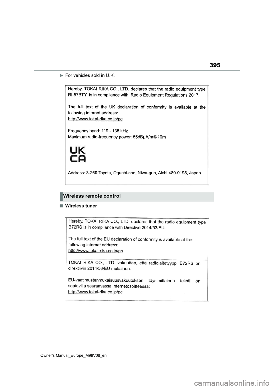 TOYOTA AYGO X 2022 Owners Manual (in English) 395
Owner's Manual_Europe_M99V08_en
For vehicles sold in U.K.
■Wireless tuner
Wireless remote control TOYOTA AYGO X 2022 Owners Manual (in English) 395
Owner's Manual_Europe_M99V08_en
For vehicles sold in U.K.
■Wireless tuner
Wireless remote control