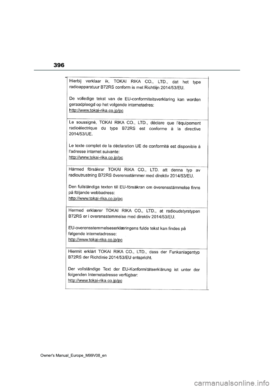 TOYOTA AYGO X 2022 Owners Manual (in English) 396
Owner's Manual_Europe_M99V08_en TOYOTA AYGO X 2022 Owners Manual (in English) 396
Owner's Manual_Europe_M99V08_en