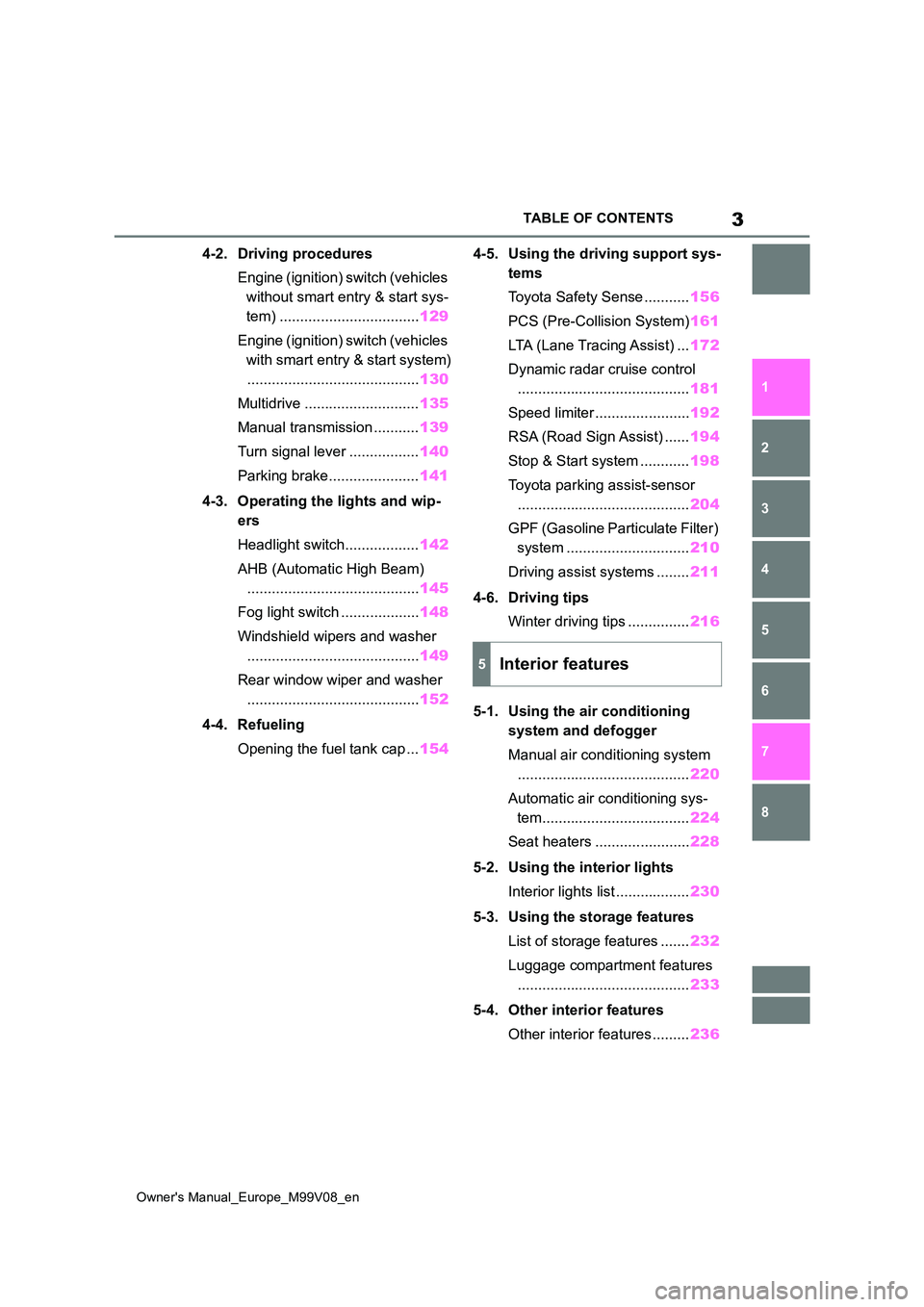 TOYOTA AYGO X 2022 Owners Manual (in English) 3
Owner's Manual_Europe_M99V08_en
TABLE OF CONTENTS
1
6
5
4
3
2
8
7
4-2. Driving procedures
Engine (ignition) switch (vehicles
without smart entry & start sys-
tem) .......................... TOYOTA AYGO X 2022 Owners Manual (in English) 3
Owner's Manual_Europe_M99V08_en
TABLE OF CONTENTS
1
6
5
4
3
2
8
7
4-2. Driving procedures
Engine (ignition) switch (vehicles
without smart entry & start sys-
tem) ..........................