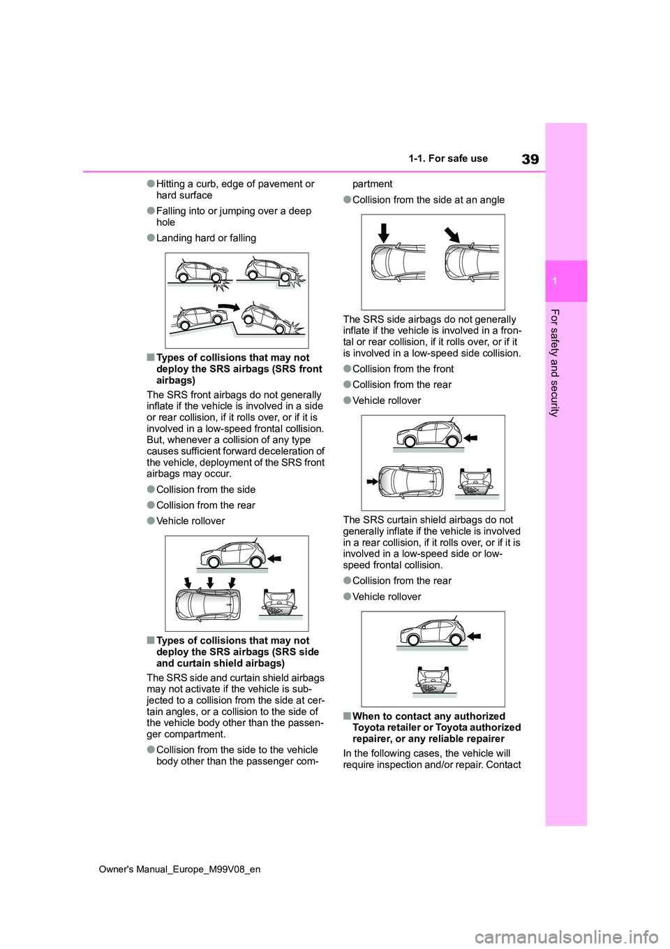 TOYOTA AYGO X 2022 (in English) Service Manual 39
1
Owner's Manual_Europe_M99V08_en
1-1. For safe use
For safety and security
●Hitting a curb, edge of pavement or
hard surface
●Falling into or jumping over a deep
hole
●Landing hard or TOYOTA AYGO X 2022 (in English) Service Manual 39
1
Owner's Manual_Europe_M99V08_en
1-1. For safe use
For safety and security
●Hitting a curb, edge of pavement or
hard surface
●Falling into or jumping over a deep
hole
●Landing hard or