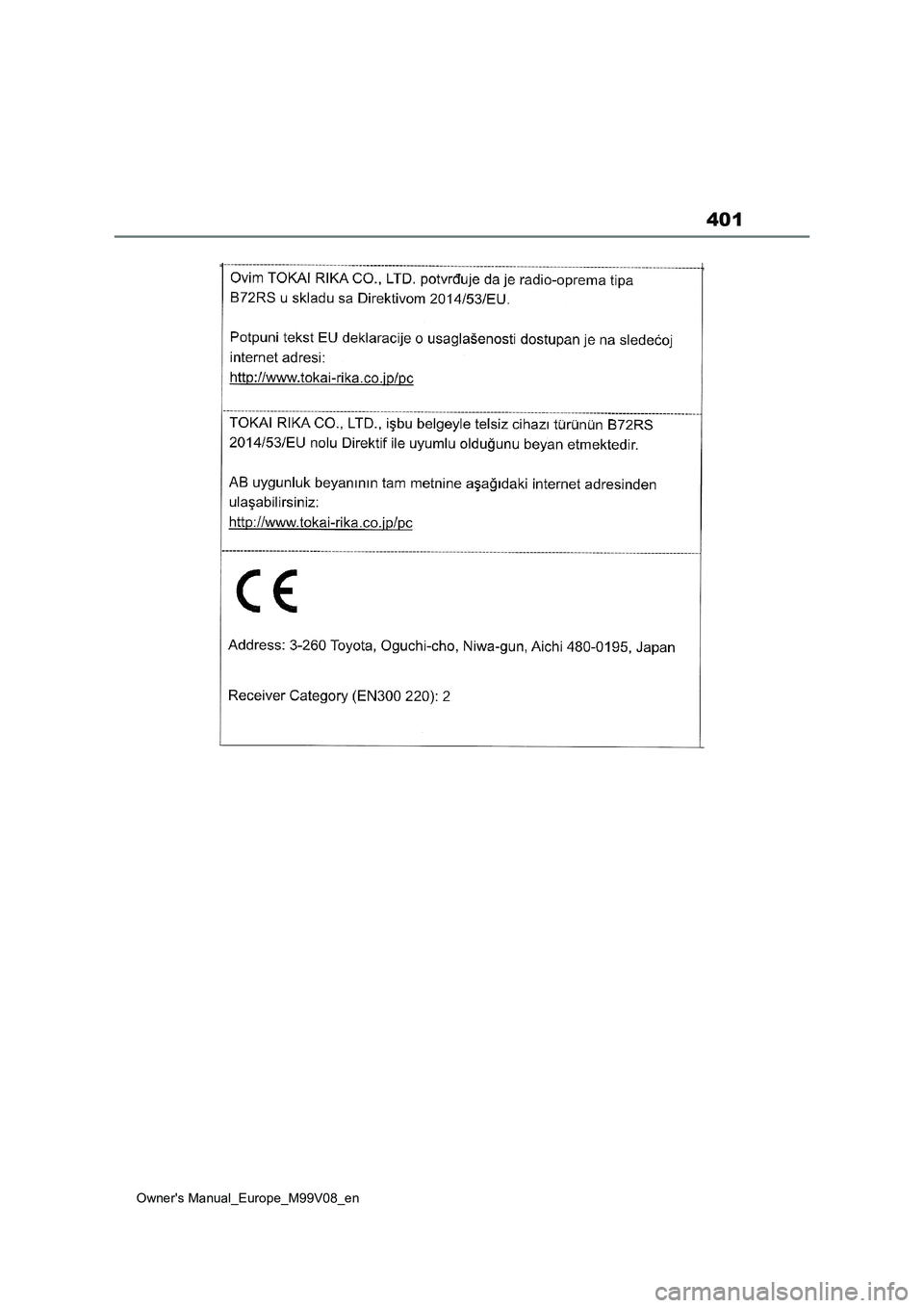 TOYOTA AYGO X 2022 Owners Manual (in English) 401
Owner's Manual_Europe_M99V08_en TOYOTA AYGO X 2022 Owners Manual (in English) 401
Owner's Manual_Europe_M99V08_en