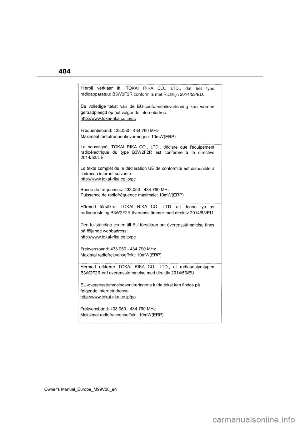 TOYOTA AYGO X 2022 Owners Manual (in English) 404
Owner's Manual_Europe_M99V08_en TOYOTA AYGO X 2022 Owners Manual (in English) 404
Owner's Manual_Europe_M99V08_en