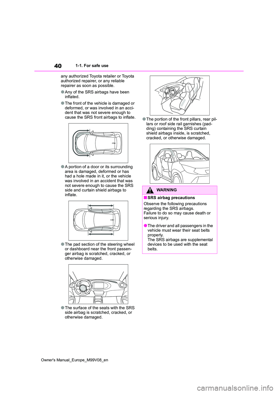 TOYOTA AYGO X 2022  Owners Manual (in English) 40
Owner's Manual_Europe_M99V08_en
1-1. For safe use 
any authorized Toyota retailer or Toyota  
authorized repairer, or any reliable  repairer as soon as possible.
●Any of the SRS airbags have 