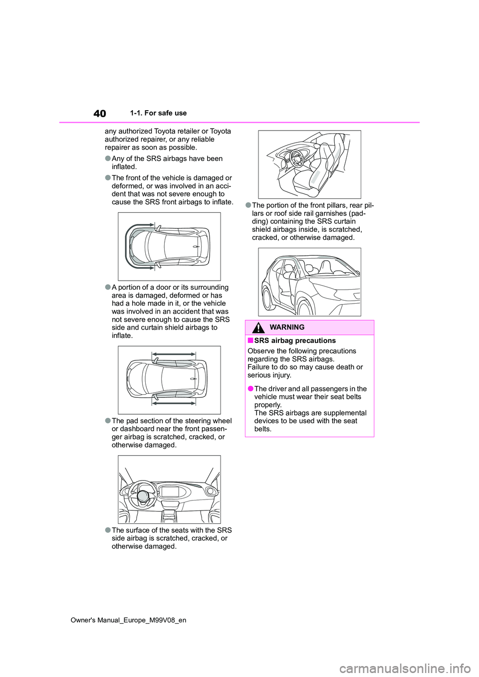 TOYOTA AYGO X 2022 (in English) Service Manual 40
Owner's Manual_Europe_M99V08_en
1-1. For safe use
any authorized Toyota retailer or Toyota
authorized repairer, or any reliable repairer as soon as possible.
●Any of the SRS airbags have TOYOTA AYGO X 2022 (in English) Service Manual 40
Owner's Manual_Europe_M99V08_en
1-1. For safe use
any authorized Toyota retailer or Toyota
authorized repairer, or any reliable repairer as soon as possible.
●Any of the SRS airbags have