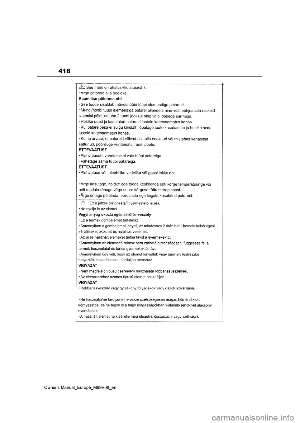 TOYOTA AYGO X 2022 Owners Manual (in English) 418
Owner's Manual_Europe_M99V08_en TOYOTA AYGO X 2022 Owners Manual (in English) 418
Owner's Manual_Europe_M99V08_en