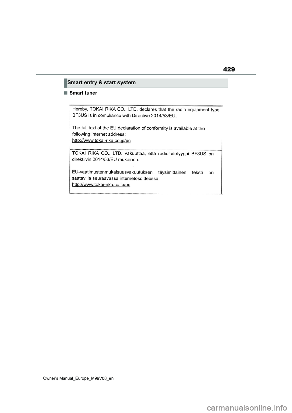 TOYOTA AYGO X 2022 Owners Manual (in English) 429
Owner's Manual_Europe_M99V08_en
■Smart tuner
Smart entry & start system TOYOTA AYGO X 2022 Owners Manual (in English) 429
Owner's Manual_Europe_M99V08_en
■Smart tuner
Smart entry & start system