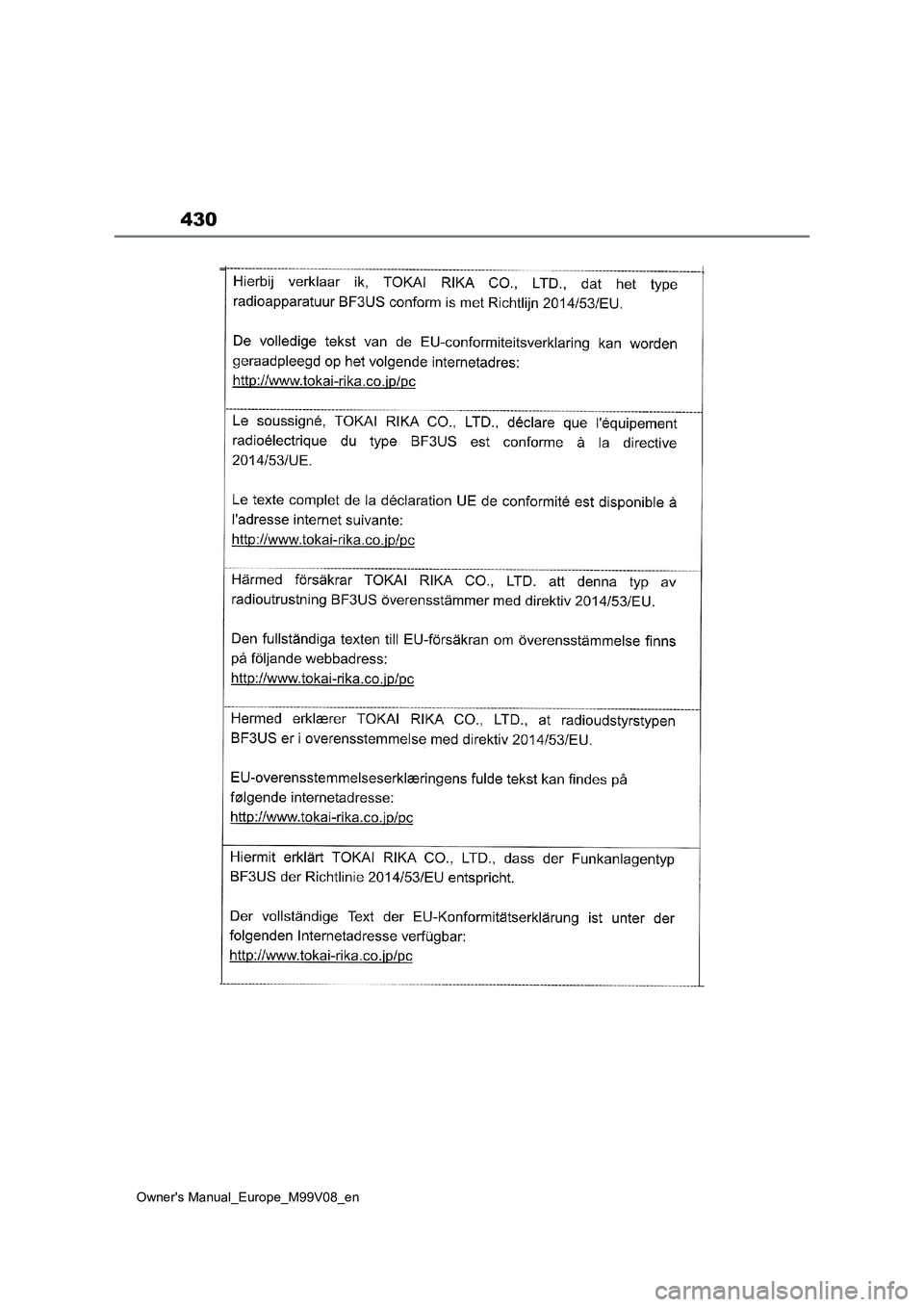 TOYOTA AYGO X 2022 Owners Manual (in English) 430
Owner's Manual_Europe_M99V08_en TOYOTA AYGO X 2022 Owners Manual (in English) 430
Owner's Manual_Europe_M99V08_en