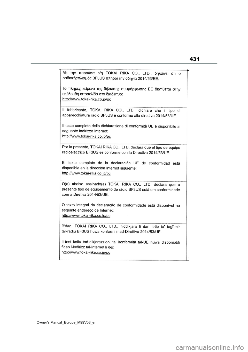 TOYOTA AYGO X 2022 Owners Manual (in English) 431
Owner's Manual_Europe_M99V08_en TOYOTA AYGO X 2022 Owners Manual (in English) 431
Owner's Manual_Europe_M99V08_en