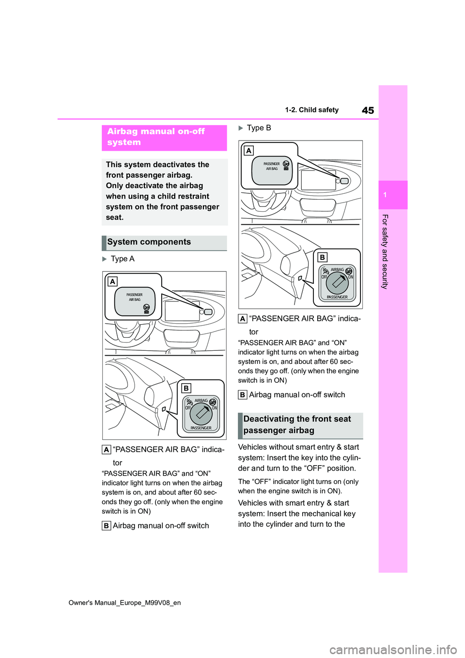 TOYOTA AYGO X 2022 Owners Manual (in English) 45
1
Owner's Manual_Europe_M99V08_en
1-2. Child safety
For safety and security
1-2.Child sa fety
Type A
“PASSENGER AIR BAG” indica-
tor
“PASSENGER AIR BAG” and “ON”
indicator li TOYOTA AYGO X 2022 Owners Manual (in English) 45
1
Owner's Manual_Europe_M99V08_en
1-2. Child safety
For safety and security
1-2.Child sa fety
Type A
“PASSENGER AIR BAG” indica-
tor
“PASSENGER AIR BAG” and “ON”
indicator li