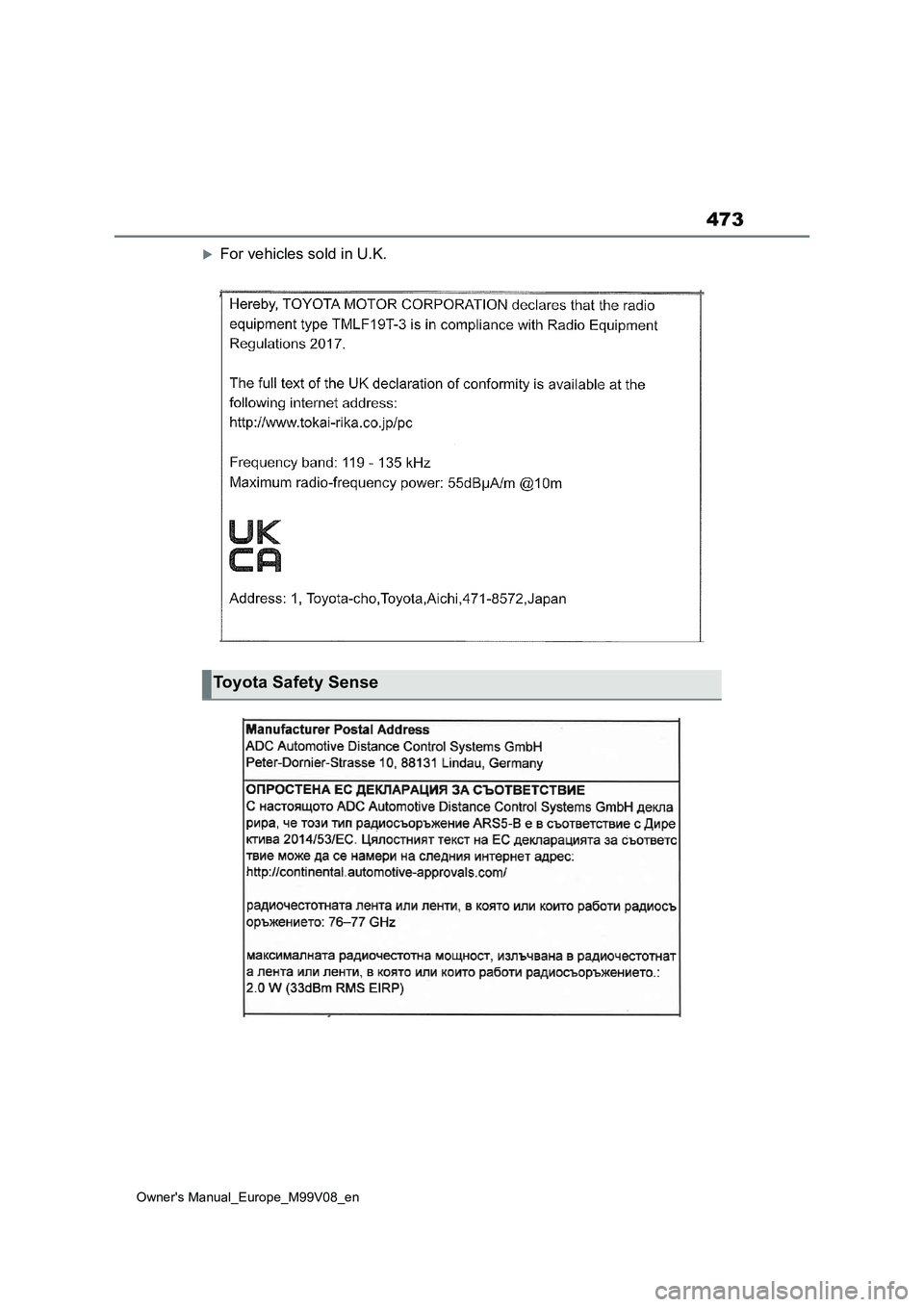 TOYOTA AYGO X 2022 Owners Manual (in English) 473
Owner's Manual_Europe_M99V08_en
For vehicles sold in U.K.
Toyota Safety Sense TOYOTA AYGO X 2022 Owners Manual (in English) 473
Owner's Manual_Europe_M99V08_en
For vehicles sold in U.K.
Toyota Safety Sense
