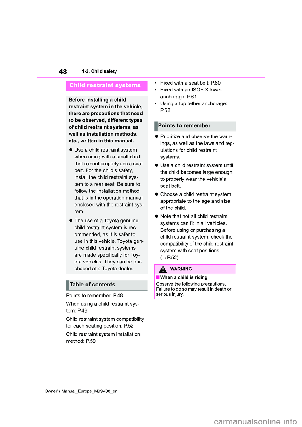 TOYOTA AYGO X 2022 (in English) Service Manual 48
Owner's Manual_Europe_M99V08_en
1-2. Child safety
Points to remember: P.48
When using a child restraint sys-
tem: P.49
Child restraint system compatibility
for each seating position: P.52 TOYOTA AYGO X 2022 (in English) Service Manual 48
Owner's Manual_Europe_M99V08_en
1-2. Child safety
Points to remember: P.48
When using a child restraint sys-
tem: P.49
Child restraint system compatibility
for each seating position: P.52