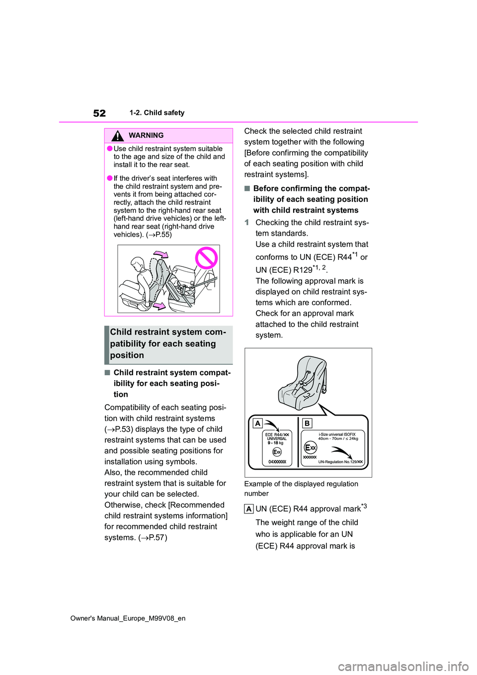 TOYOTA AYGO X 2022 (in English) Workshop Manual 52
Owner's Manual_Europe_M99V08_en
1-2. Child safety
■Child restraint system compat-
ibility for each seating posi-
tion
Compatibility of each seating posi-
tion with child restraint systems TOYOTA AYGO X 2022 (in English) Workshop Manual 52
Owner's Manual_Europe_M99V08_en
1-2. Child safety
■Child restraint system compat-
ibility for each seating posi-
tion
Compatibility of each seating posi-
tion with child restraint systems