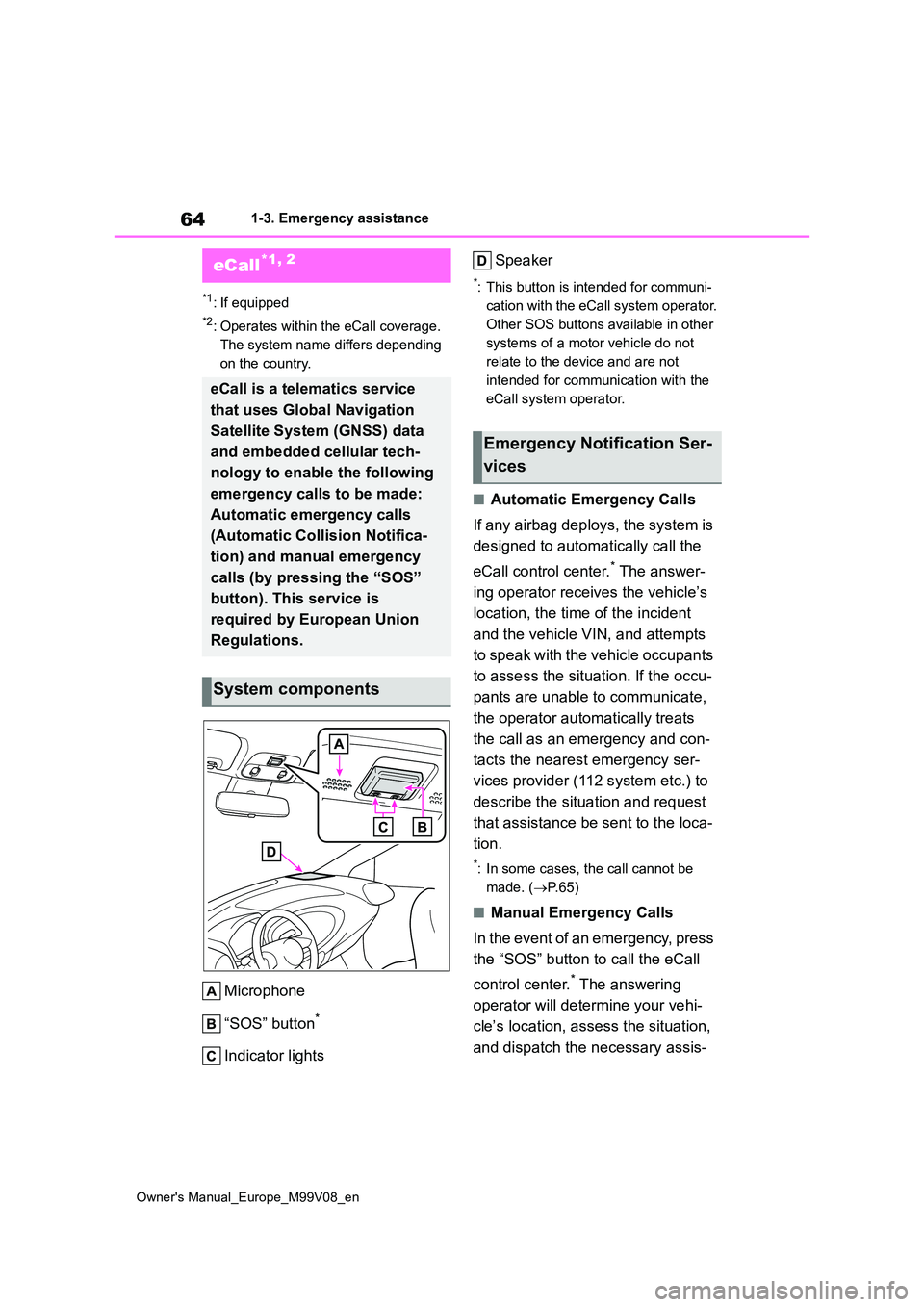 TOYOTA AYGO X 2022 Owners Manual (in English) 64
Owner's Manual_Europe_M99V08_en
1-3. Emergency assistance
1-3.Emerg ency as sista nce
*1: If equipped
*2: Operates within the eCall coverage.
The system name differs depending
on the countr TOYOTA AYGO X 2022 Owners Manual (in English) 64
Owner's Manual_Europe_M99V08_en
1-3. Emergency assistance
1-3.Emerg ency as sista nce
*1: If equipped
*2: Operates within the eCall coverage.
The system name differs depending
on the countr