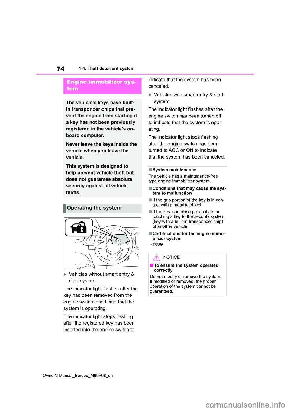 TOYOTA AYGO X 2022  Owners Manual (in English) 74
Owner's Manual_Europe_M99V08_en
1-4. Theft deterrent system
1-4.Theft de terre nt sys te m
Vehicles without smart entry &  
start system 
The indicator light flashes after the  
key has been