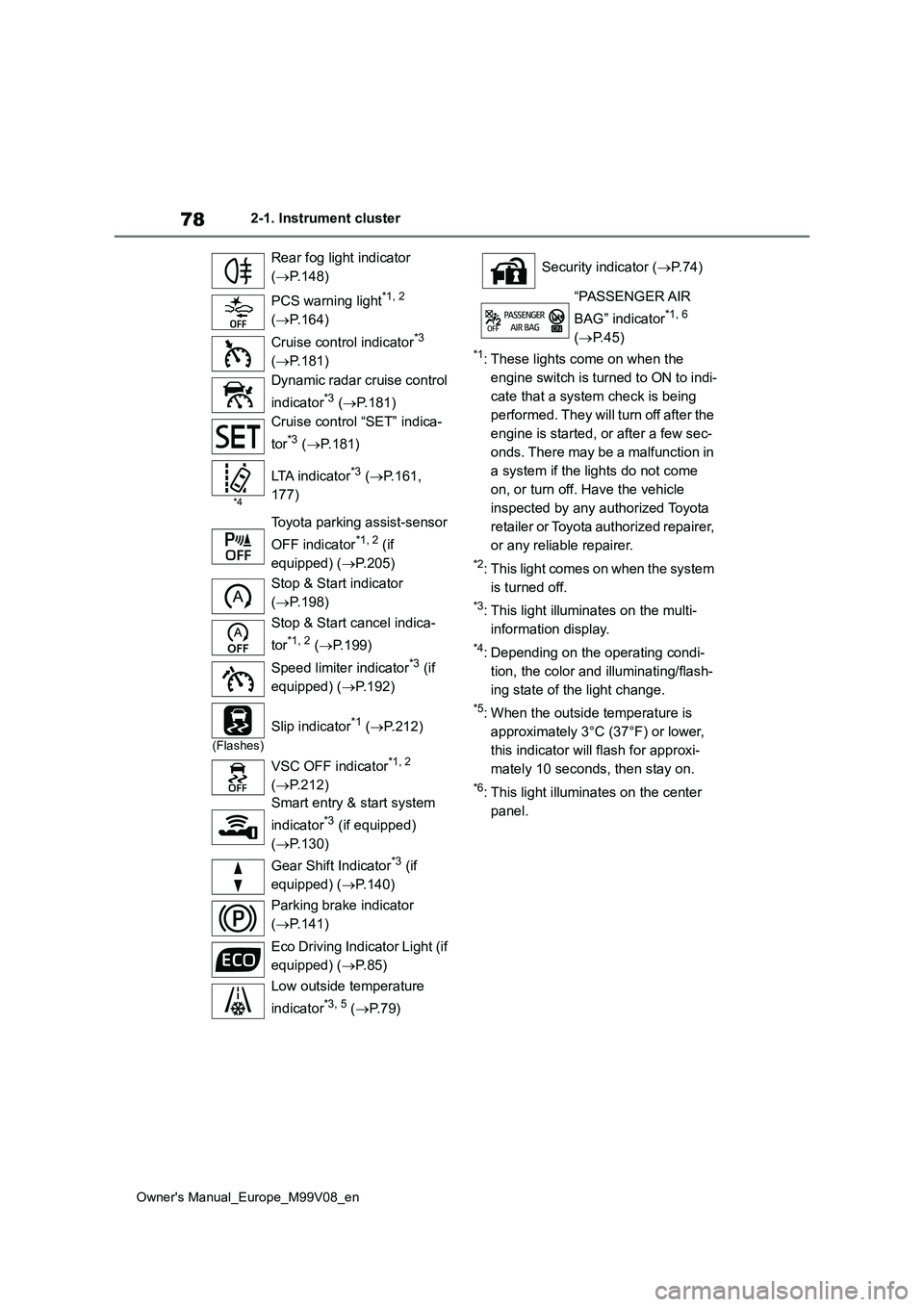 TOYOTA AYGO X 2022 Owners Manual (in English) 78
Owner's Manual_Europe_M99V08_en
2-1. Instrument cluster
*1: These lights come on when the
engine switch is turned to ON to indi-
cate that a system check is being
performed. They will turn o TOYOTA AYGO X 2022 Owners Manual (in English) 78
Owner's Manual_Europe_M99V08_en
2-1. Instrument cluster
*1: These lights come on when the
engine switch is turned to ON to indi-
cate that a system check is being
performed. They will turn o