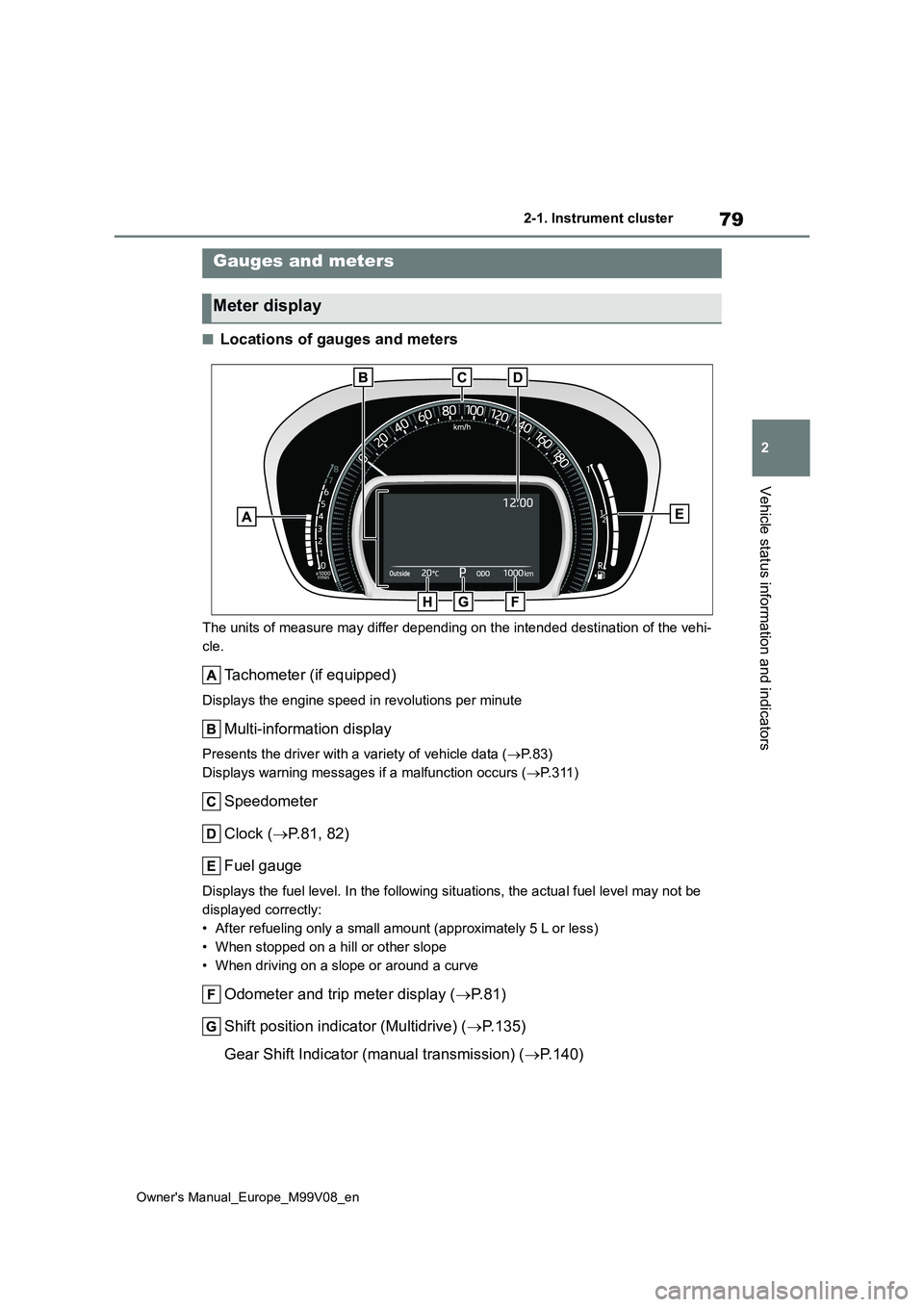 TOYOTA AYGO X 2022  Owners Manual (in English) 79
2
Owner's Manual_Europe_M99V08_en
2-1. Instrument cluster
Vehicle status information and indicators
■Locations of gauges and meters
The units of measure may differ depending on the intended d