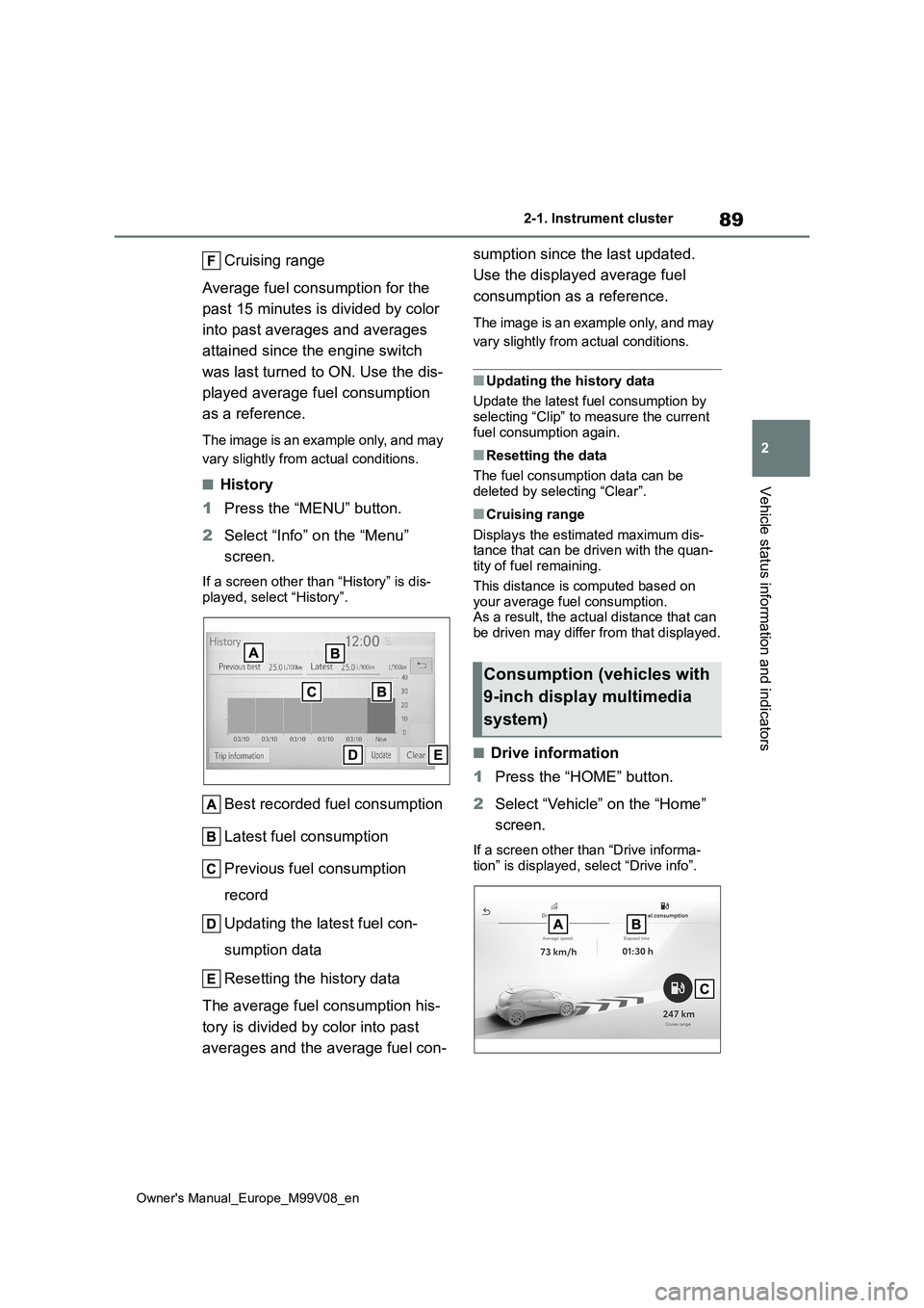 TOYOTA AYGO X 2022  Owners Manual (in English) 89
2
Owner's Manual_Europe_M99V08_en
2-1. Instrument cluster
Vehicle status information and indicators
Cruising range 
Average fuel consumption for the  
past 15 minutes is divided by color  
into