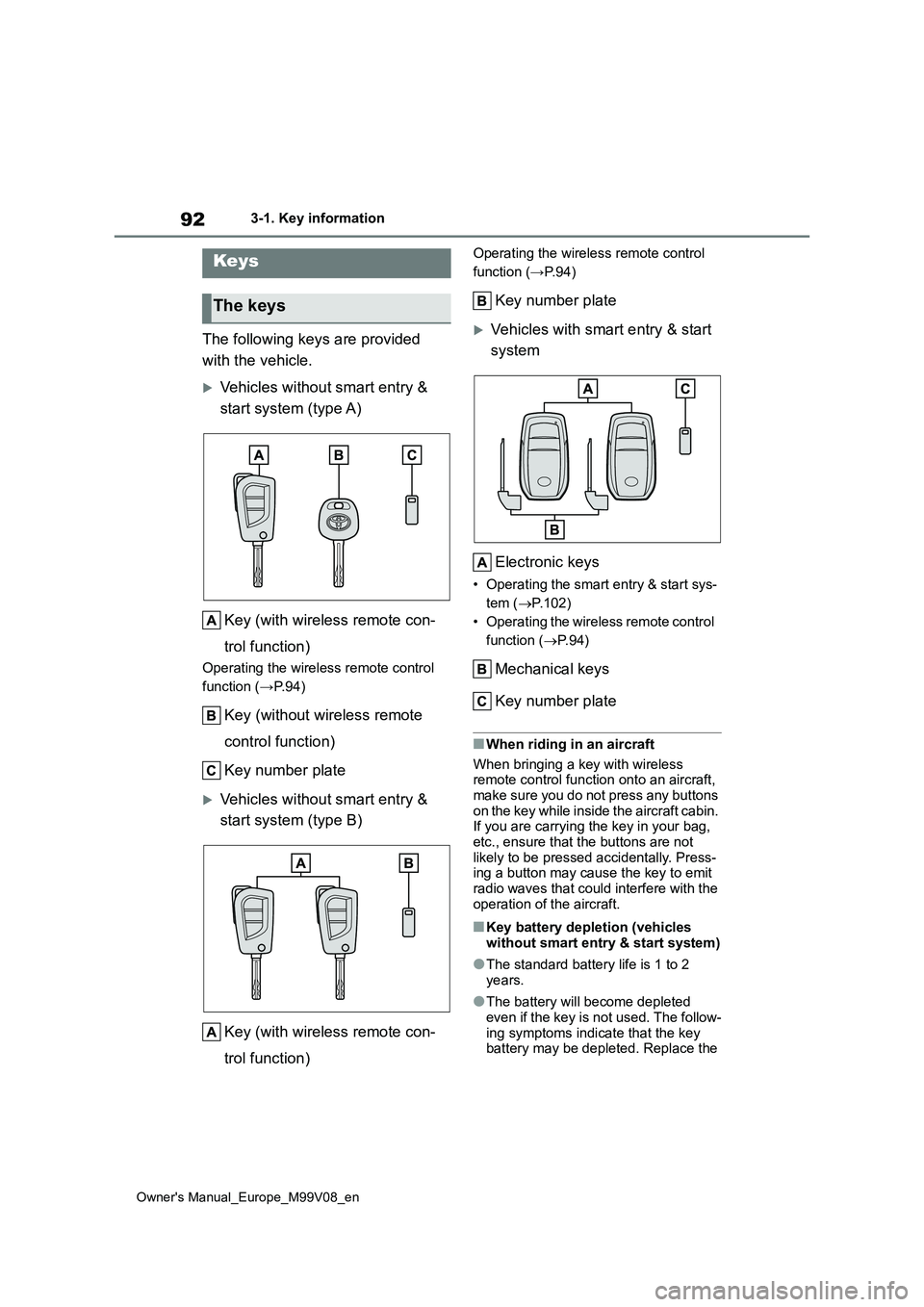 TOYOTA AYGO X 2022 Owners Manual (in English) 92
Owner's Manual_Europe_M99V08_en
3-1. Key information
3-1.Key info rmation
The following keys are provided
with the vehicle.
Vehicles without smart entry &
start system (type A)
Key (with TOYOTA AYGO X 2022 Owners Manual (in English) 92
Owner's Manual_Europe_M99V08_en
3-1. Key information
3-1.Key info rmation
The following keys are provided
with the vehicle.
Vehicles without smart entry &
start system (type A)
Key (with