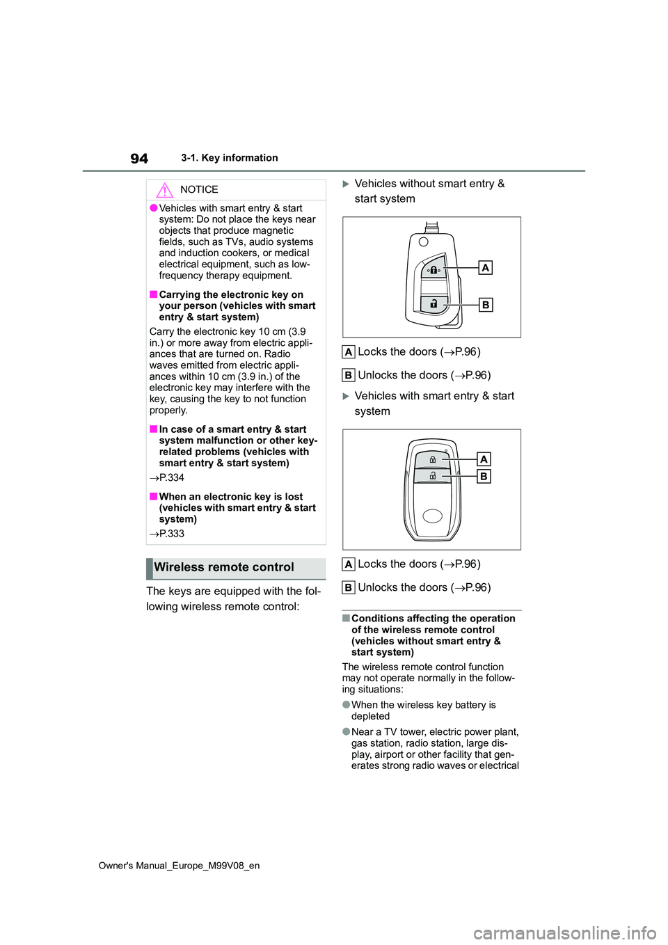 TOYOTA AYGO X 2022  Owners Manual (in English) 94
Owner's Manual_Europe_M99V08_en
3-1. Key information
The keys are equipped with the fol- 
lowing wireless remote control:
Vehicles without smart entry &  
start system 
Locks the doors ( 