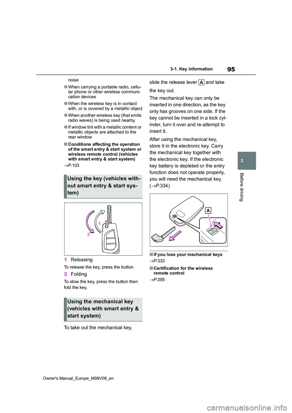 TOYOTA AYGO X 2022  Owners Manual (in English) 95
3
Owner's Manual_Europe_M99V08_en
3-1. Key information
Before driving
noise
●When carrying a portable radio, cellu- lar phone or other wireless communi- 
cation devices
●When the wireless k