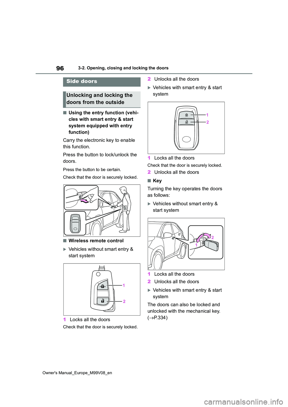 TOYOTA AYGO X 2022  Owners Manual (in English) 96
Owner's Manual_Europe_M99V08_en
3-2. Opening, closing and locking the doors
3-2.Opening, closing and lo cking th e d oors
■Using the entry function (vehi- 
cles with smart entry & start  
sys