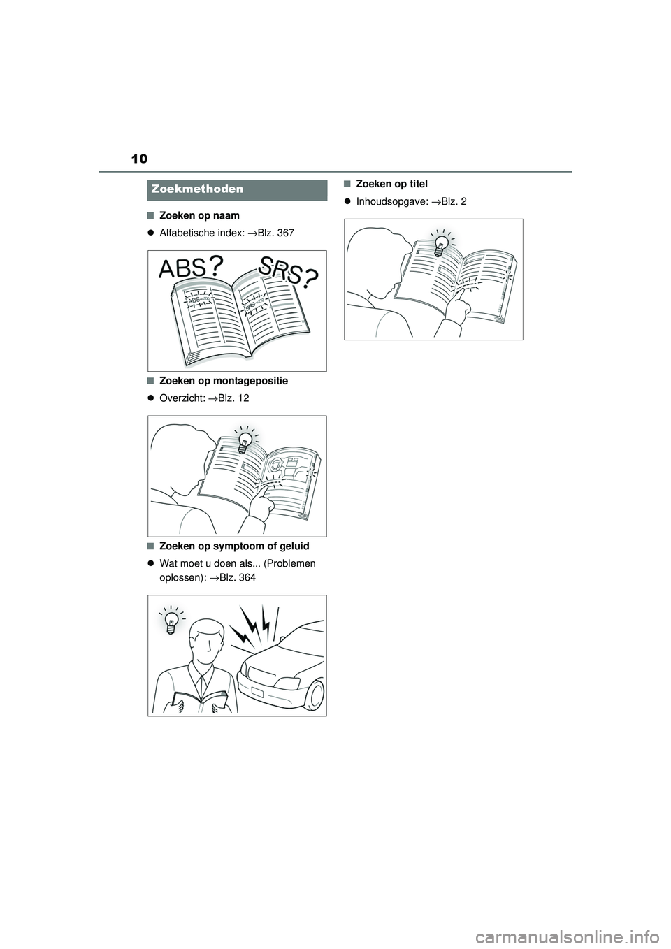 TOYOTA AYGO X 2022  Instructieboekje (in Dutch) 10
Handleiding_Europa_M99V08_nl�Q
Zoeken op naam
 Alfabetische index:  →Blz. 367
�QZoeken op montagepositie
 Overzicht:  →Blz. 12
�QZoeken op symptoom of geluid
 Wat moet u doen als... (P