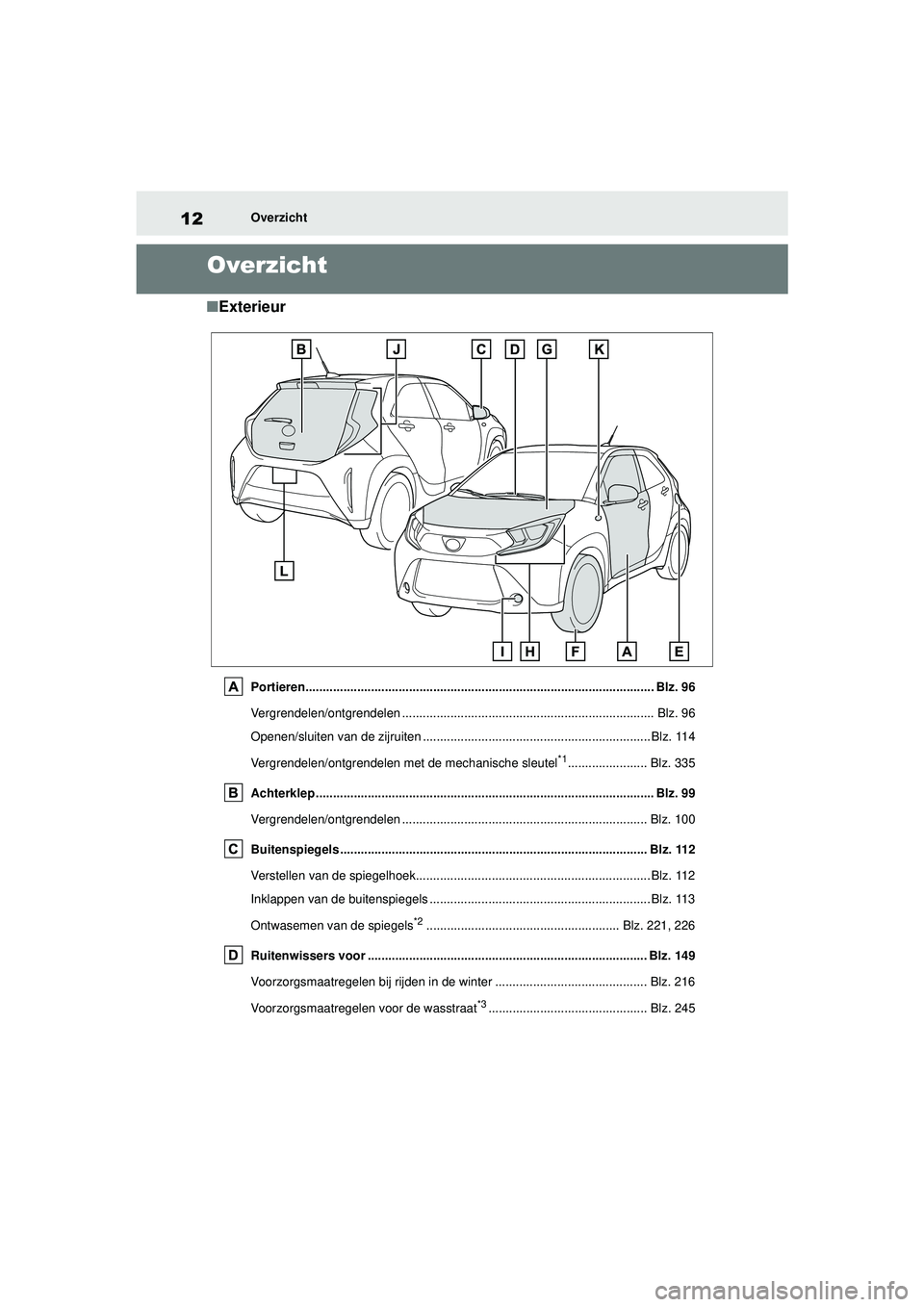 TOYOTA AYGO X 2022  Instructieboekje (in Dutch) 12
Handleiding_Europa_M99V08_nl
Overzicht
Overzicht
�QExterieur
Portieren..................................................................................................... Blz. 96
Vergrendelen/ontg