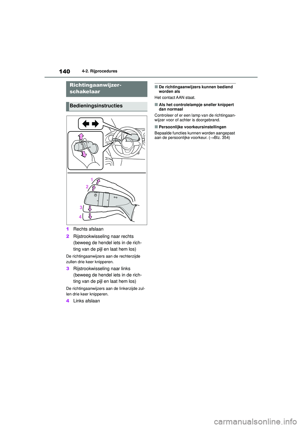 TOYOTA AYGO X 2022  Instructieboekje (in Dutch) 140
Handleiding_Europa_M99V08_nl
4-2. Rijprocedures
1Rechts afslaan
2 Rijstrookwisseling naar rechts 
(beweeg de hendel iets in de rich-
ting van de pijl en laat hem los)
De richtingaanwijzers aan de 