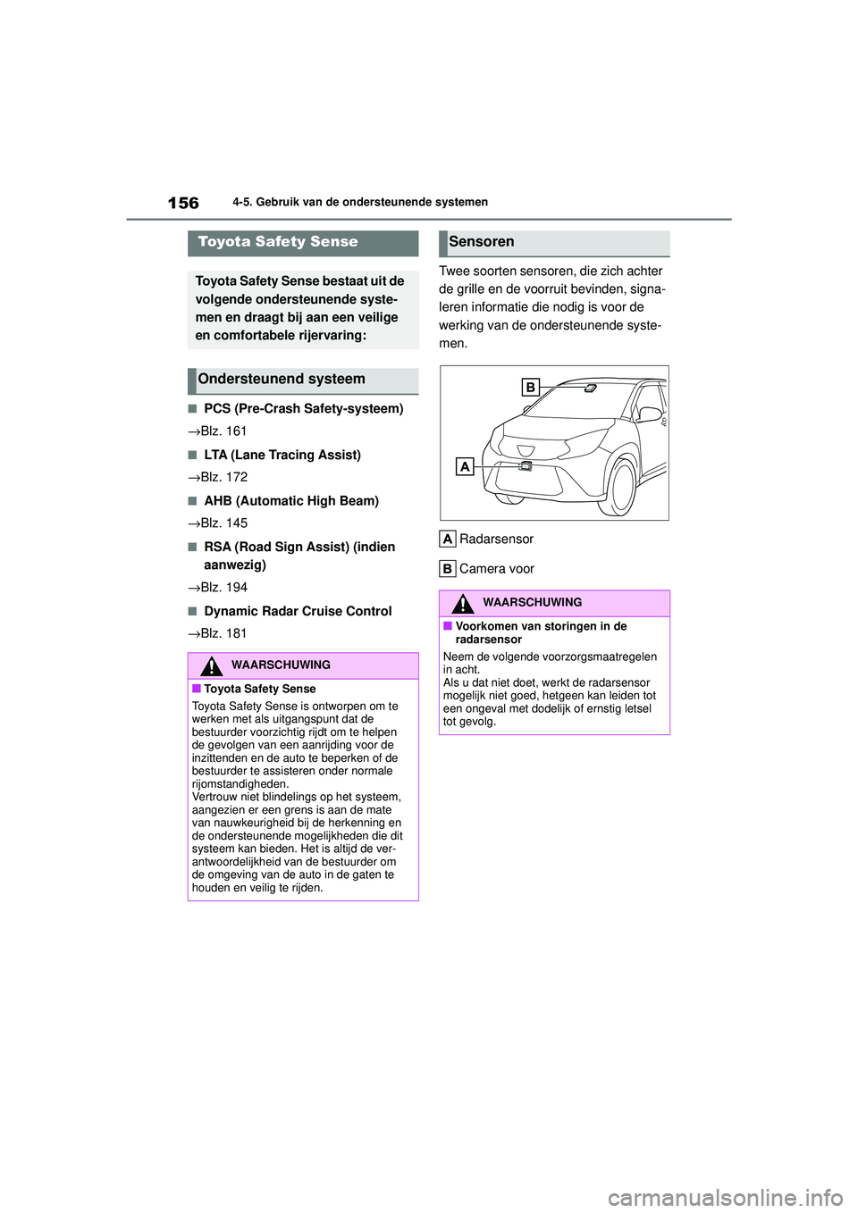 TOYOTA AYGO X 2022  Instructieboekje (in Dutch) 156
Handleiding_Europa_M99V08_nl
4-5. Gebruik van de ondersteunende systemen
4-5.Gebruik van de ondersteunende systemen
�QPCS (Pre-Crash Safety-systeem)
→Blz. 161
�QLTA (Lane Tracing Assist)
→Blz.