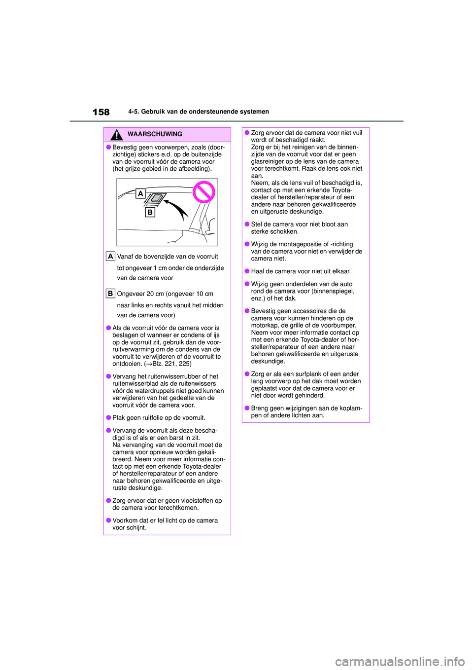 TOYOTA AYGO X 2022  Instructieboekje (in Dutch) 158
Handleiding_Europa_M99V08_nl
4-5. Gebruik van de ondersteunende systemen
WAARSCHUWING
�OBevestig geen voorwerpen, zoals (door-
zichtige) stickers e.d. op de buitenzijde 
van de voorruit vóór de 