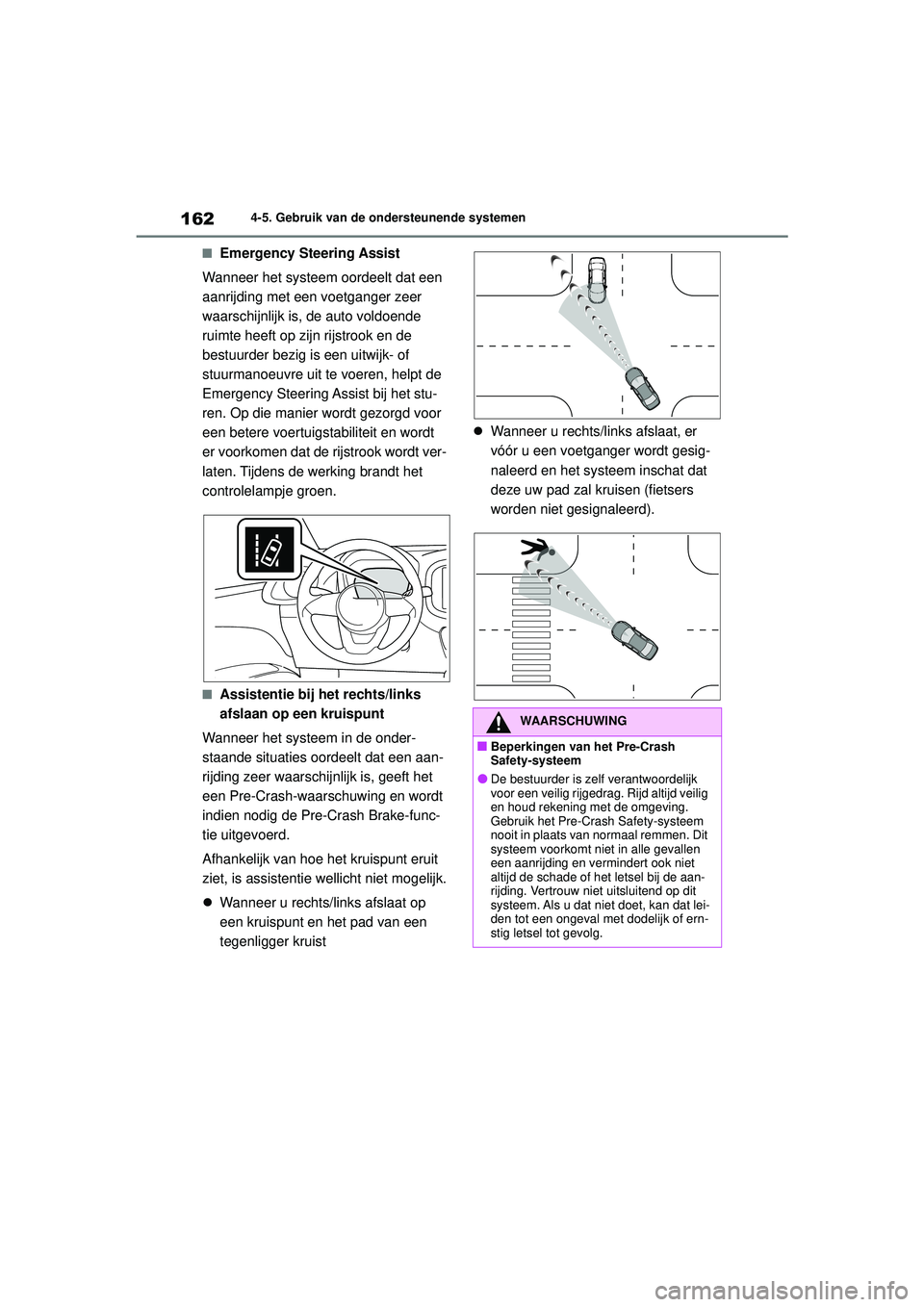 TOYOTA AYGO X 2022  Instructieboekje (in Dutch) 162
Handleiding_Europa_M99V08_nl
4-5. Gebruik van de ondersteunende systemen
�QEmergency Steering Assist
Wanneer het systeem oordeelt dat een 
aanrijding met een voetganger zeer 
waarschijnlijk is, de