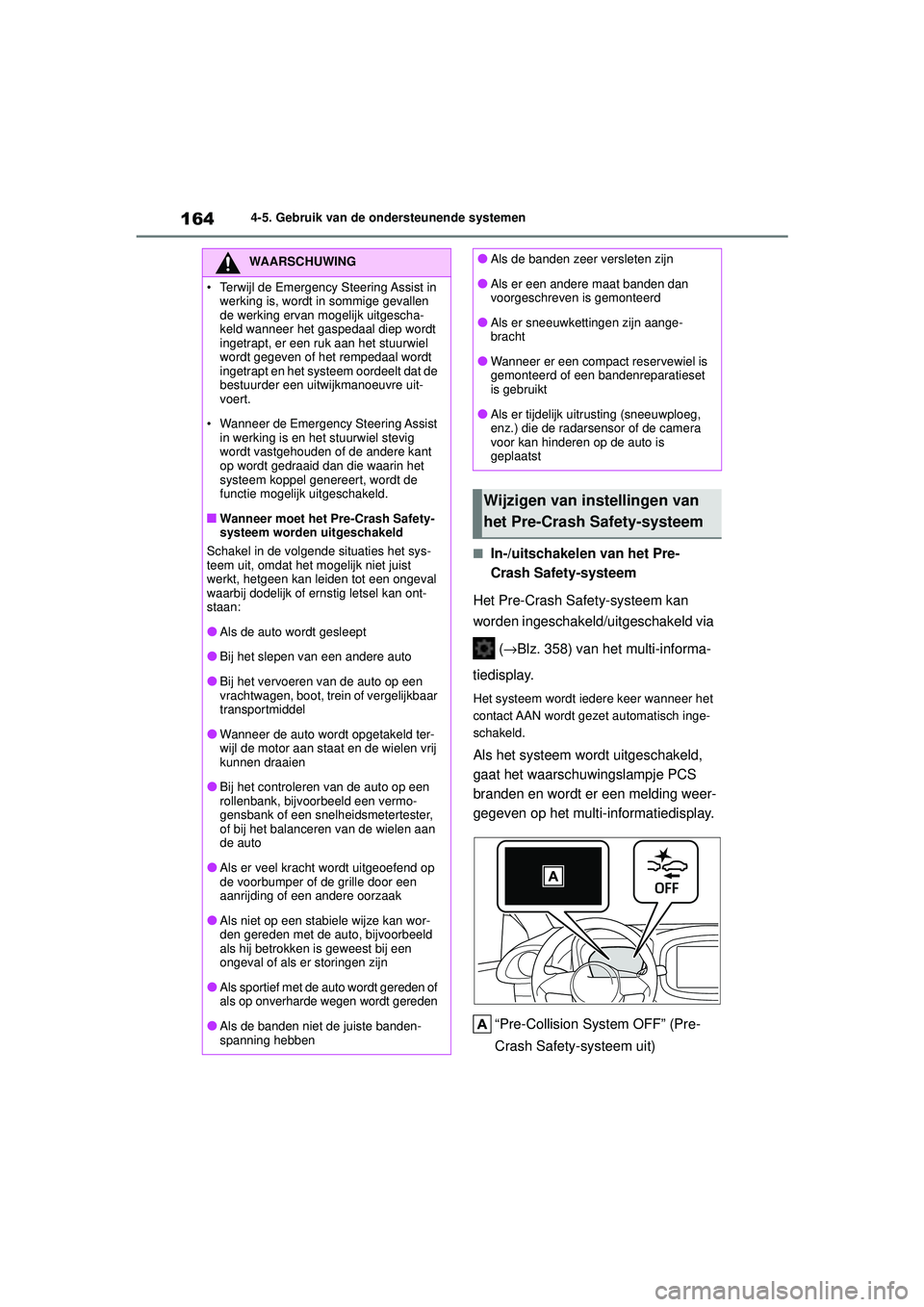 TOYOTA AYGO X 2022  Instructieboekje (in Dutch) 164
Handleiding_Europa_M99V08_nl
4-5. Gebruik van de ondersteunende systemen
�QIn-/uitschakelen van het Pre-
Crash Safety-systeem
Het Pre-Crash Safety-systeem kan 
worden ingeschakeld/uitgeschakeld vi