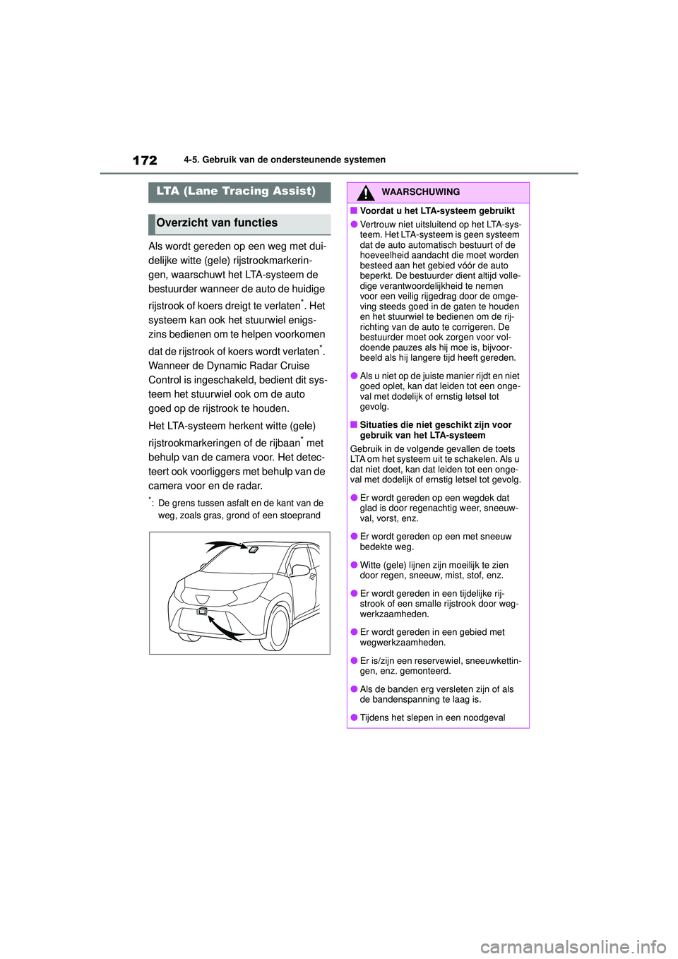 TOYOTA AYGO X 2022  Instructieboekje (in Dutch) 172
Handleiding_Europa_M99V08_nl
4-5. Gebruik van de ondersteunende systemen
Als wordt gereden op een weg met dui-
delijke witte (gele) rijstrookmarkerin-
gen, waarschuwt het LTA-systeem de 
bestuurde