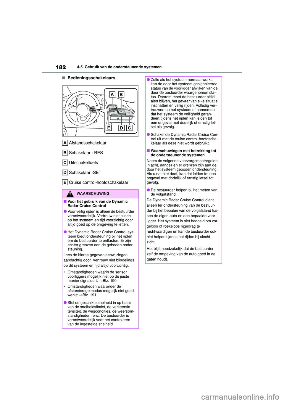TOYOTA AYGO X 2022  Instructieboekje (in Dutch) 182
Handleiding_Europa_M99V08_nl
4-5. Gebruik van de ondersteunende systemen
�QBedieningsschakelaarsAfstandsschakelaar
Schakelaar +RES
Uitschakeltoets
Schakelaar -SET
Cruise control-hoofdschakelaar
WA