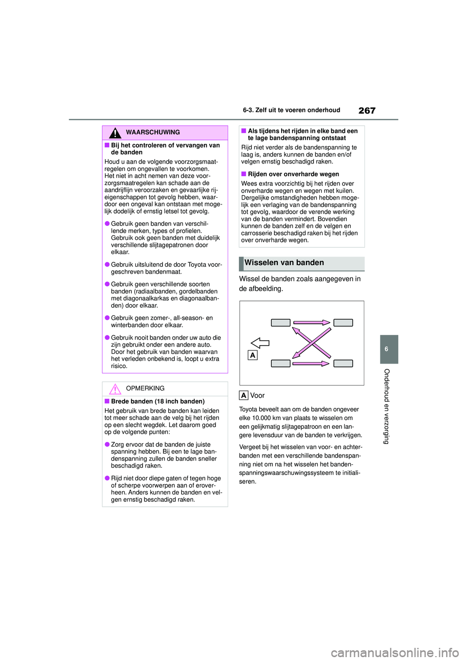 TOYOTA AYGO X 2022  Instructieboekje (in Dutch) 267
6
Handleiding_Europa_M99V08_nl
6-3. Zelf uit te voeren onderhoud
Onderhoud en verzorging
Wissel de banden zoals aangegeven in 
de afbeelding.Vo o r
Toyota beveelt aan om de banden ongeveer 
elke 1