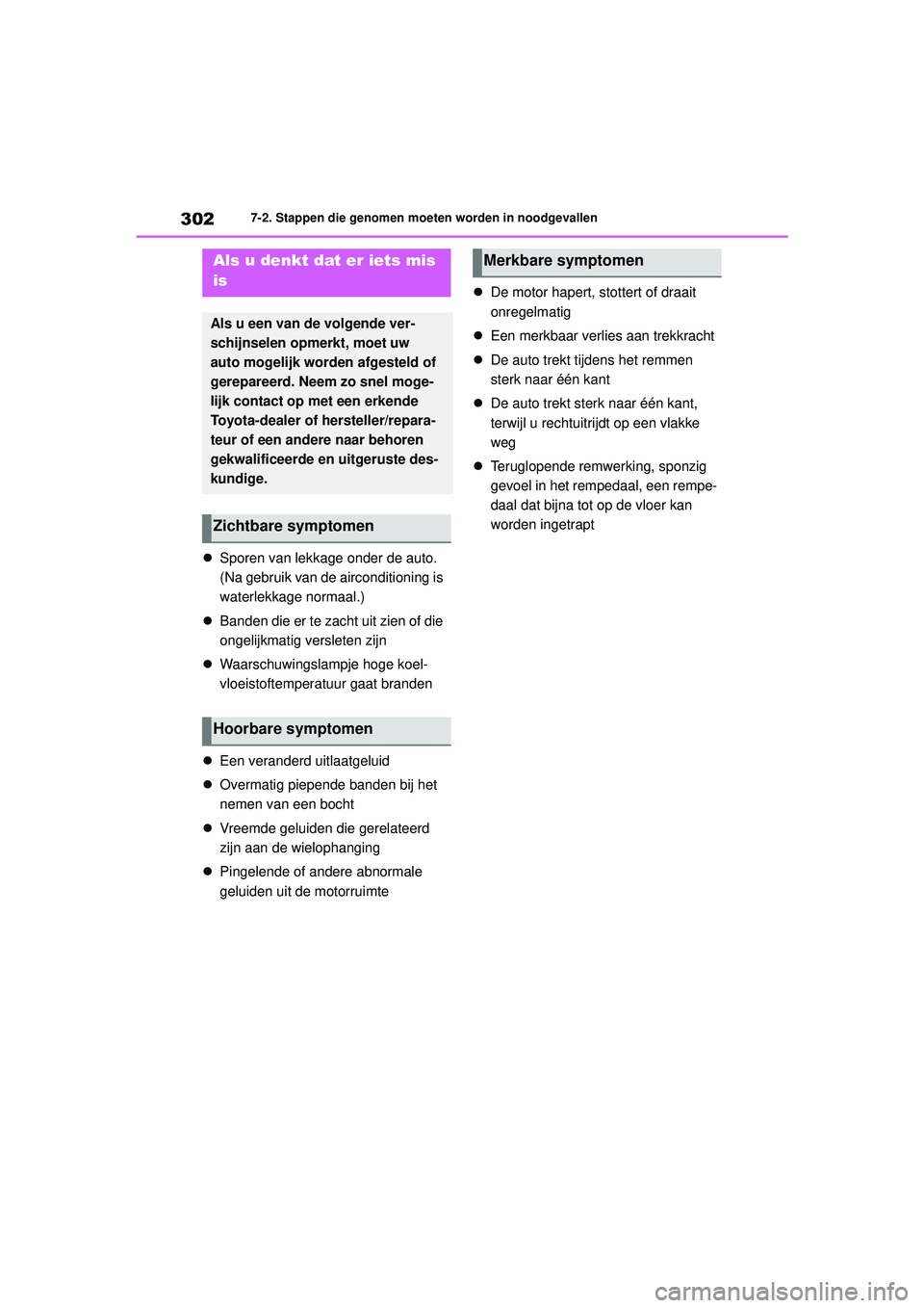 TOYOTA AYGO X 2022 Instructieboekje (in Dutch) 302
Handleiding_Europa_M99V08_nl
7-2. Stappen die genomen moeten worden in noodgevallen
Sporen van lekkage onder de auto.
(Na gebruik van de airconditioning is
waterlekkage normaal.)
Banden di TOYOTA AYGO X 2022 Instructieboekje (in Dutch) 302
Handleiding_Europa_M99V08_nl
7-2. Stappen die genomen moeten worden in noodgevallen
Sporen van lekkage onder de auto.
(Na gebruik van de airconditioning is
waterlekkage normaal.)
Banden di