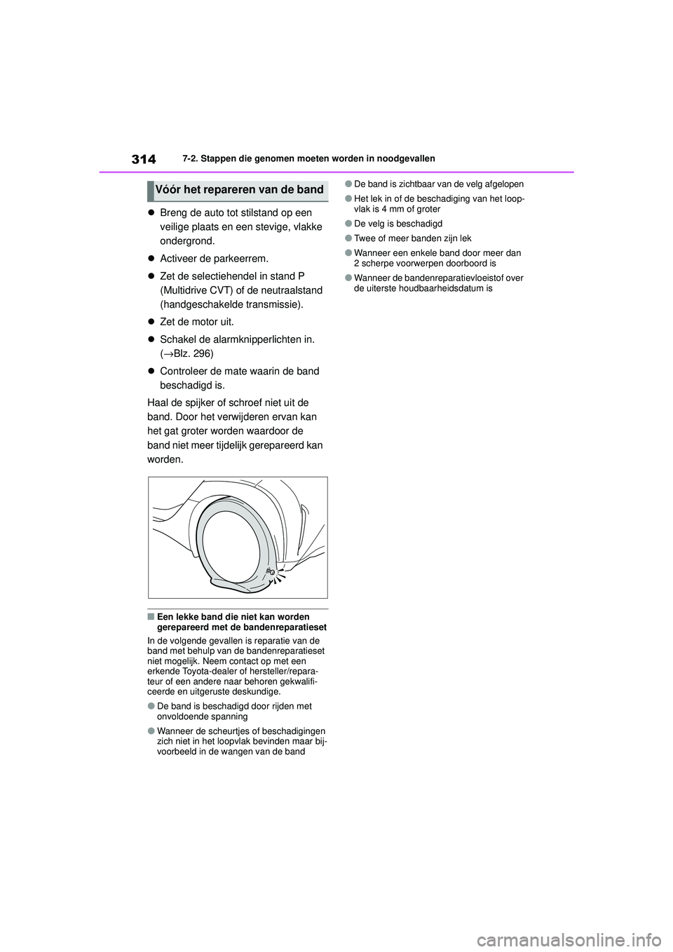 TOYOTA AYGO X 2022  Instructieboekje (in Dutch) 314
Handleiding_Europa_M99V08_nl
7-2. Stappen die genomen moeten worden in noodgevallen
Breng de auto tot stilstand op een 
veilige plaats en een stevige, vlakke 
ondergrond.
 Activeer de parkee